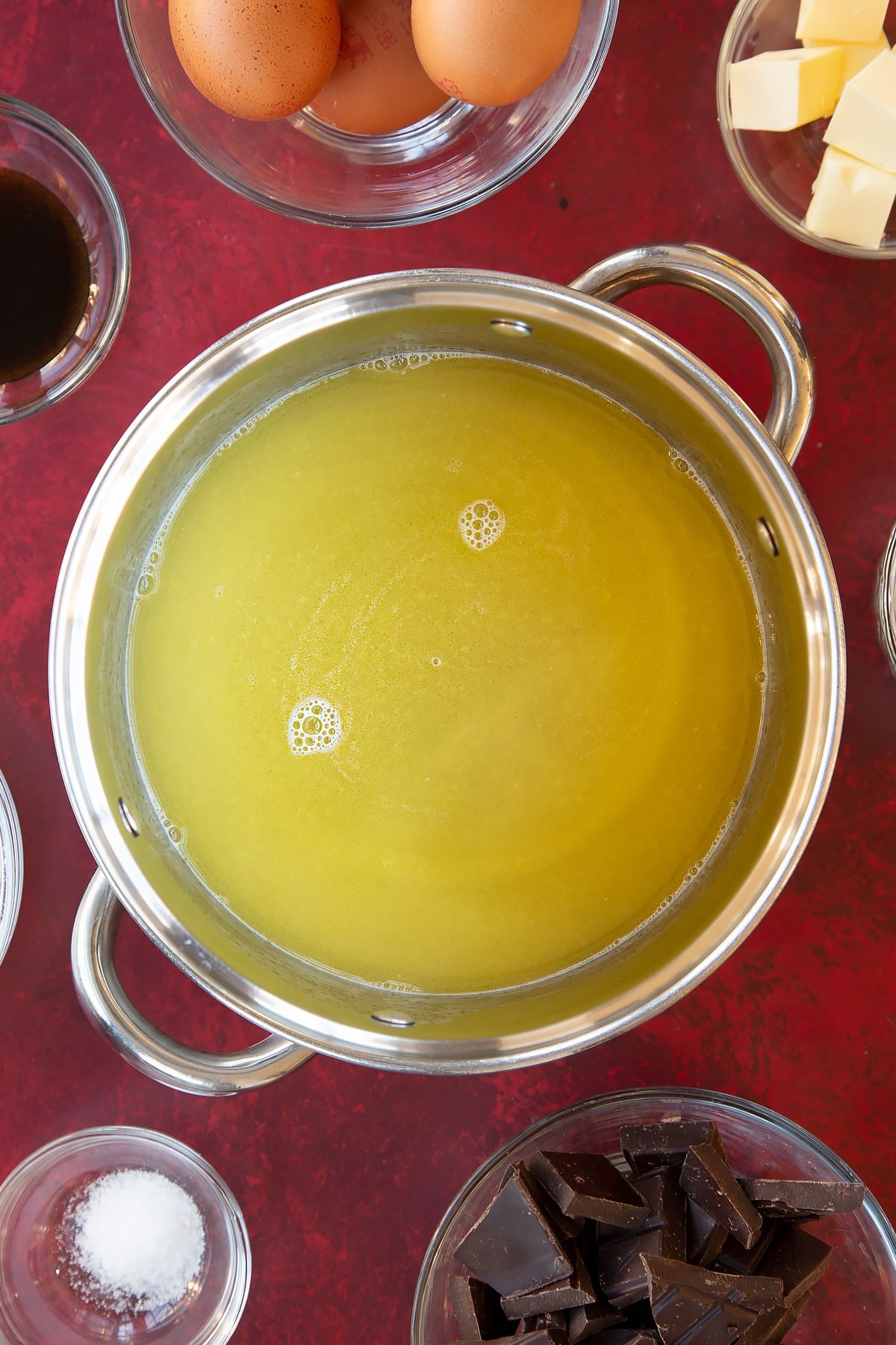 Overhead shot of the salt, water and butter having been melted together on a low heat. 