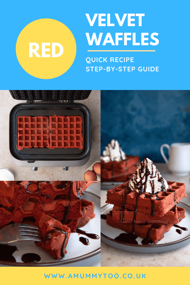 Pinterest image for red velvet waffles with text at the top describing the image.