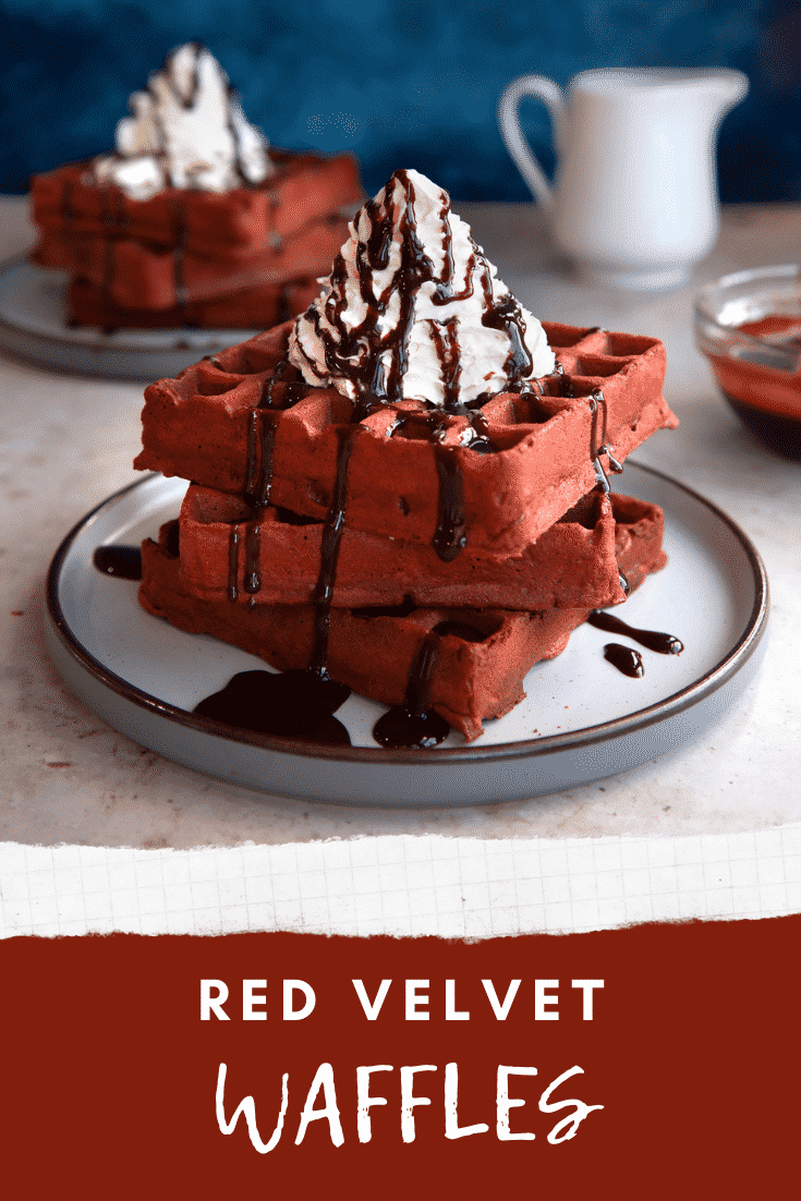 Pinterest image for red velvet waffles with text at the bottom describing the image.
