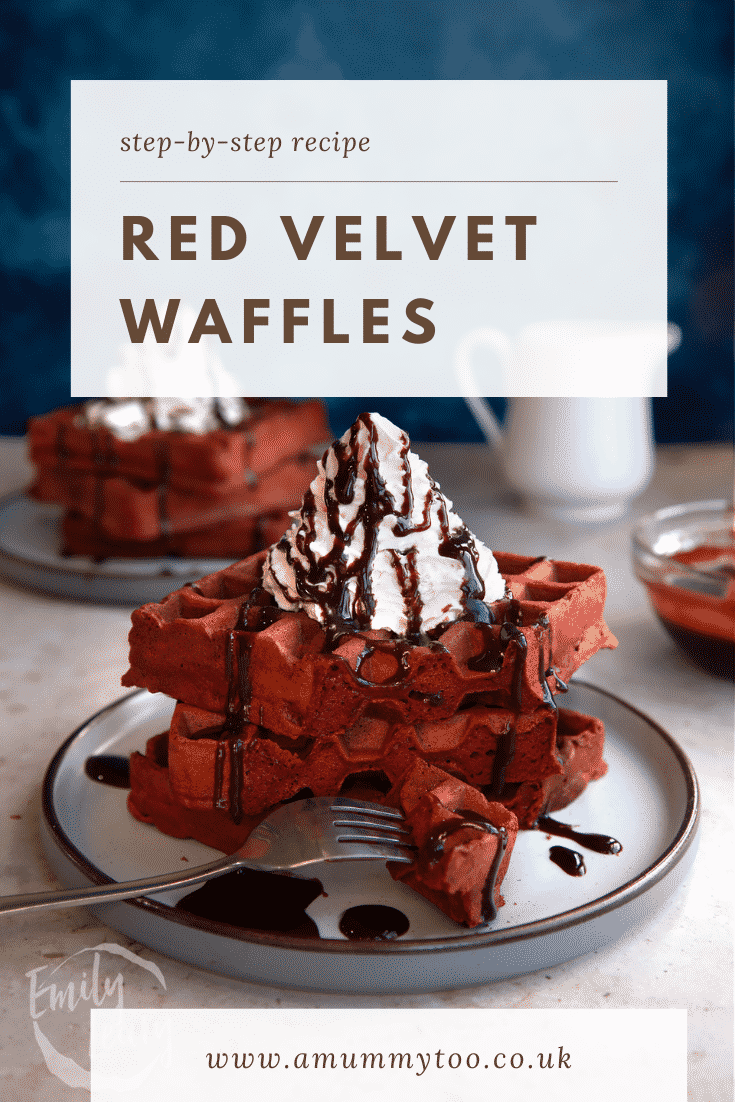 Pinterest image for red velvet waffles with text at the top describing the image.