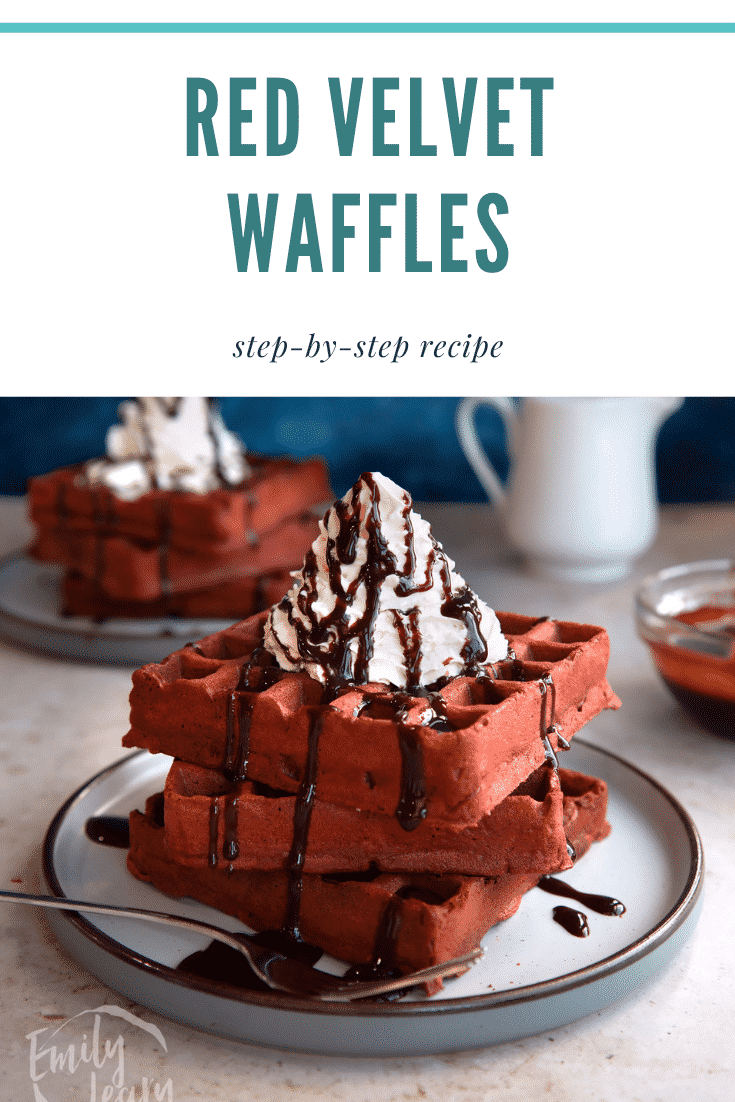 Pinterest image for red velvet waffles with text at the top describing the image.