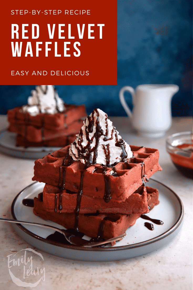 Pinterest image for red velvet waffles with text at the top describing the image.