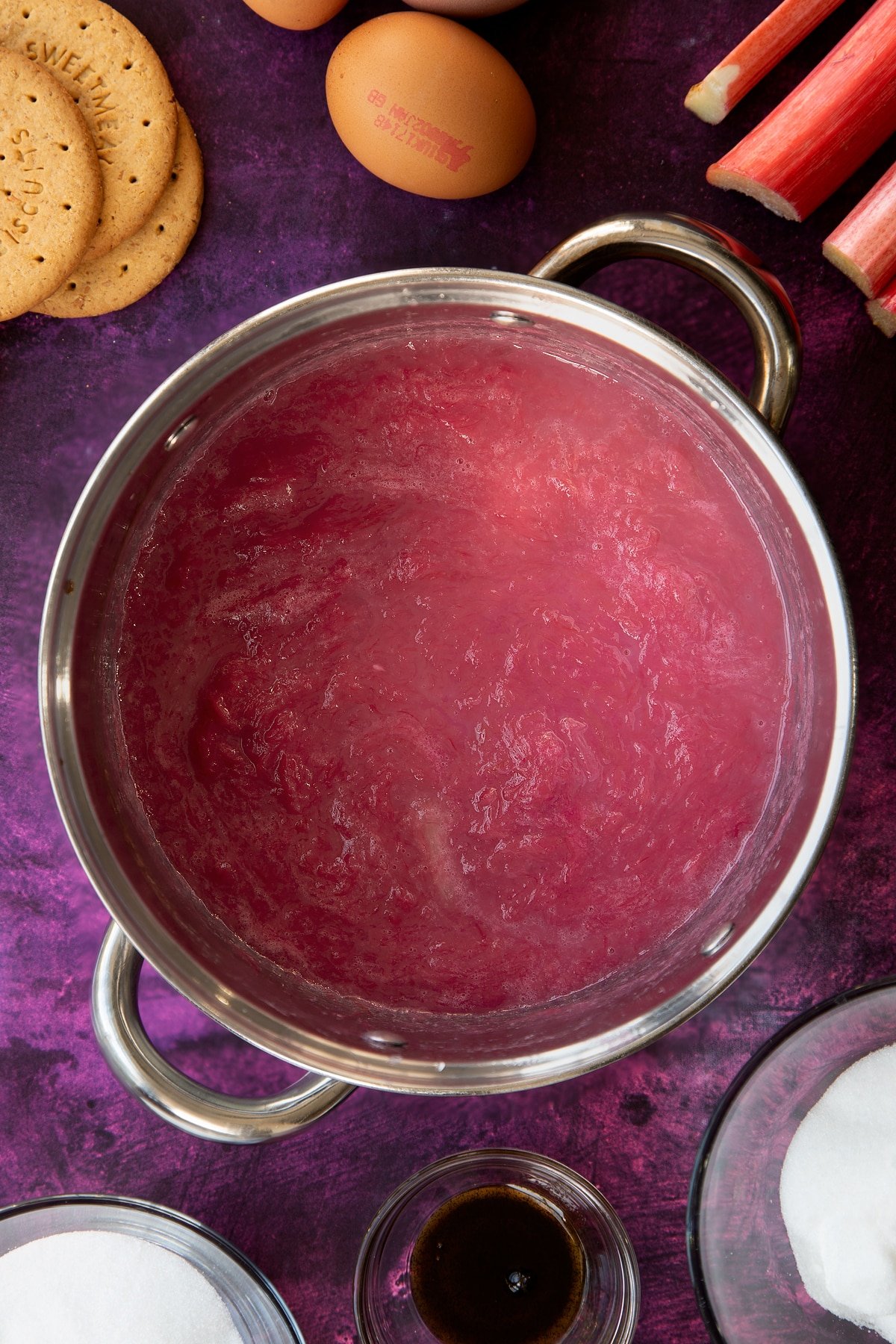 cooked rhubard like puree mix in a large saucepan.