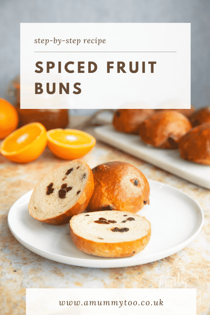 Pinterest image for the spiced fruit buns with text at the top describing the image for Pinterest.