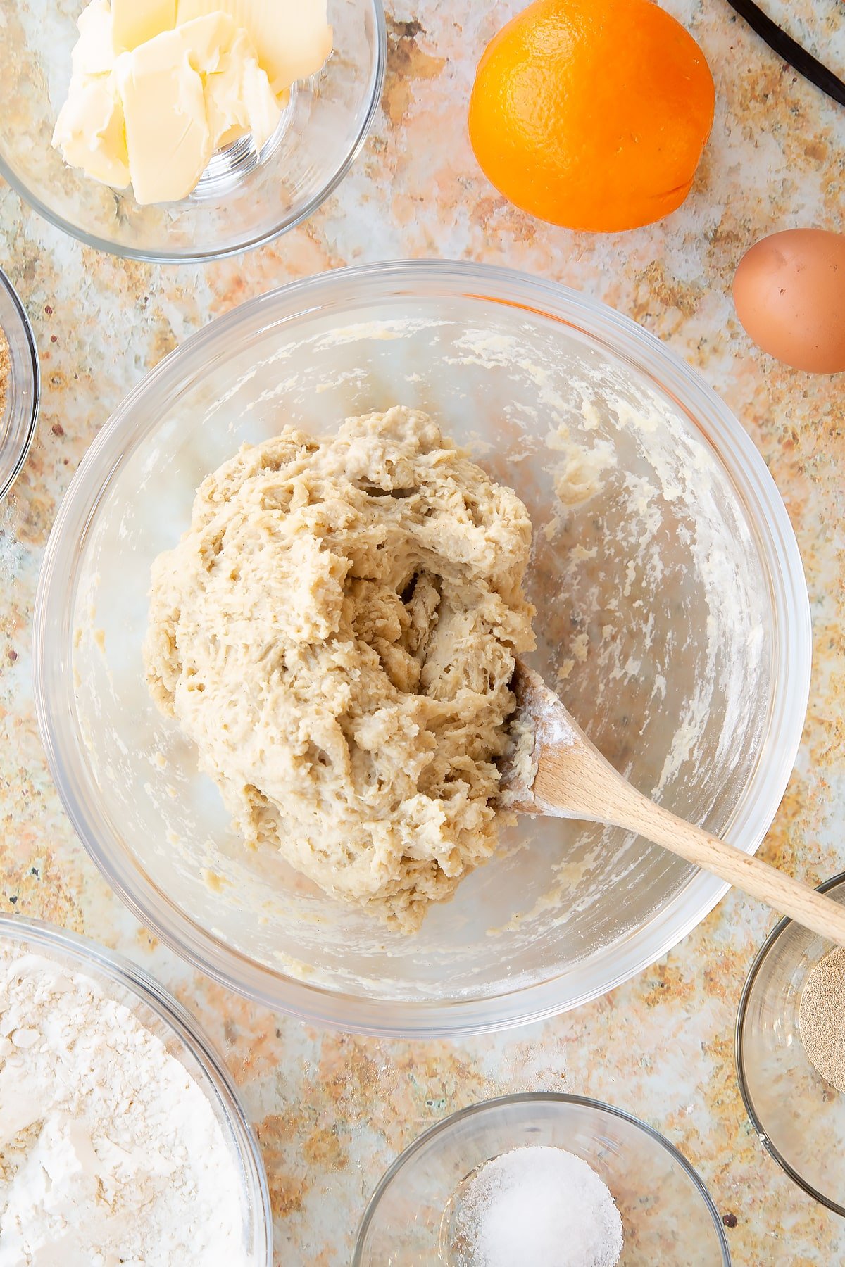 Overhead shot of the finished dough in a mixing bowl.