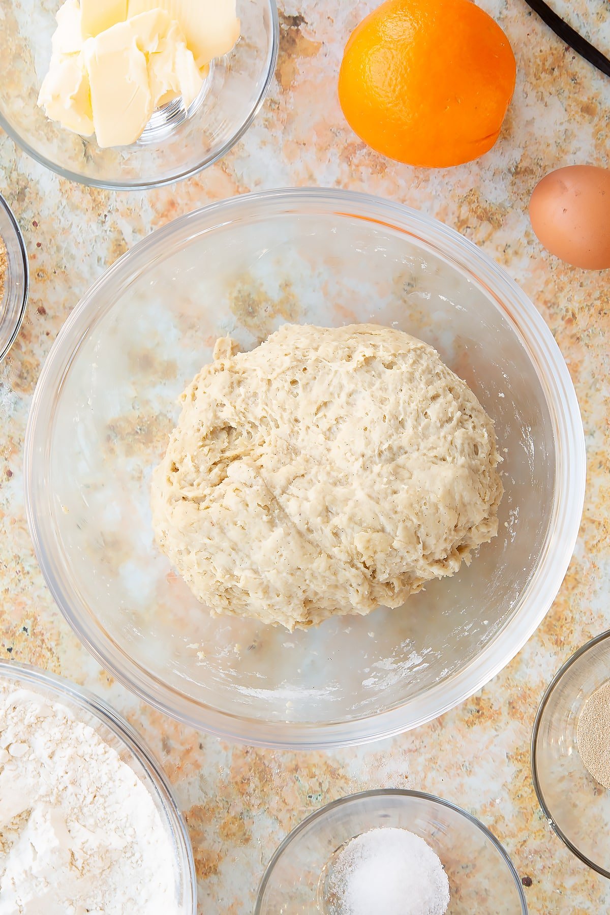 Overhead shot of the finished dough in a mixing bowl.