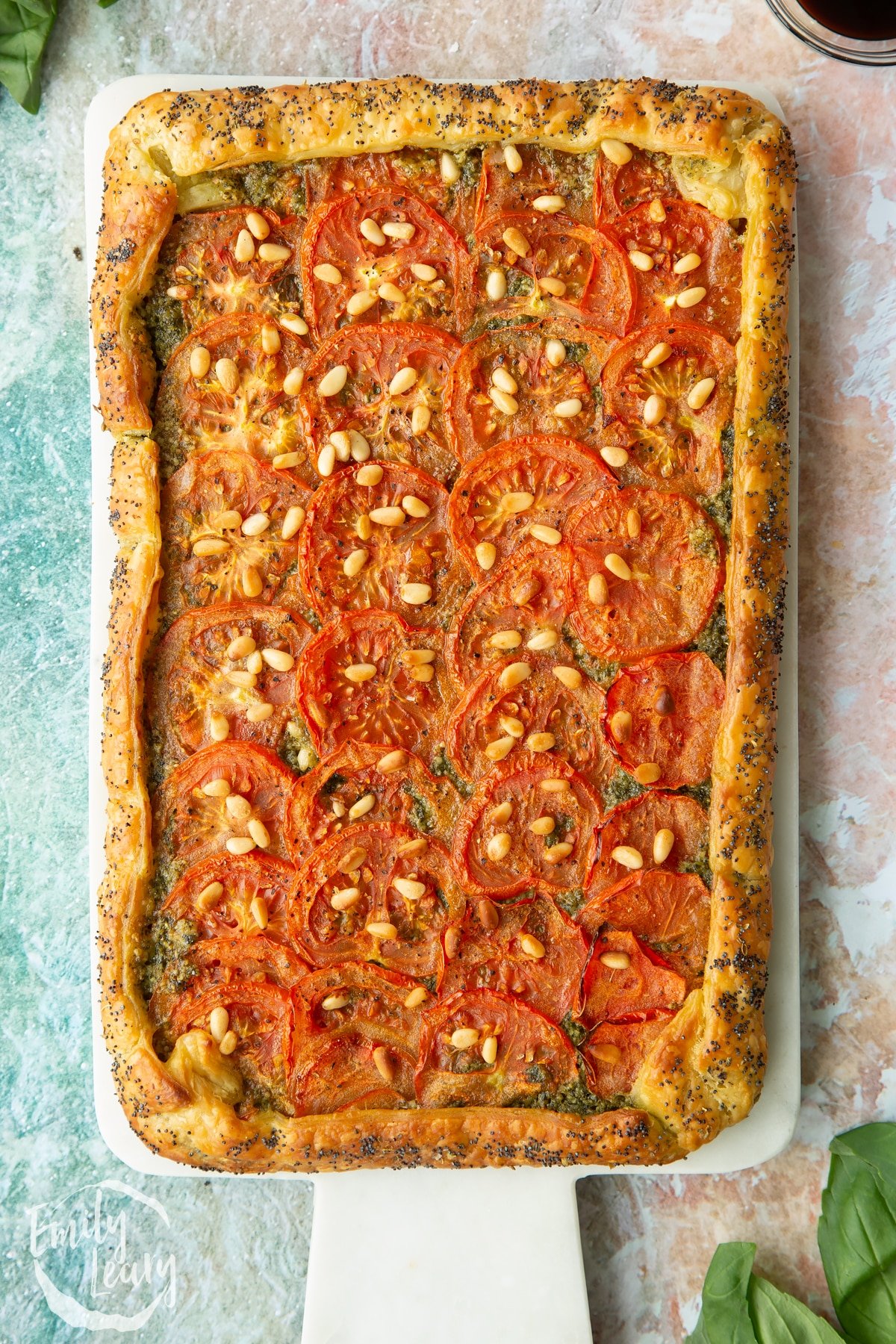 Overhead shot of the finished puff pastry tart.