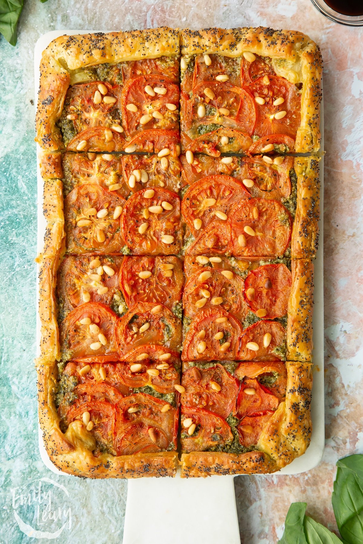 Overhead shot of the sliced finished puff pastry tart.