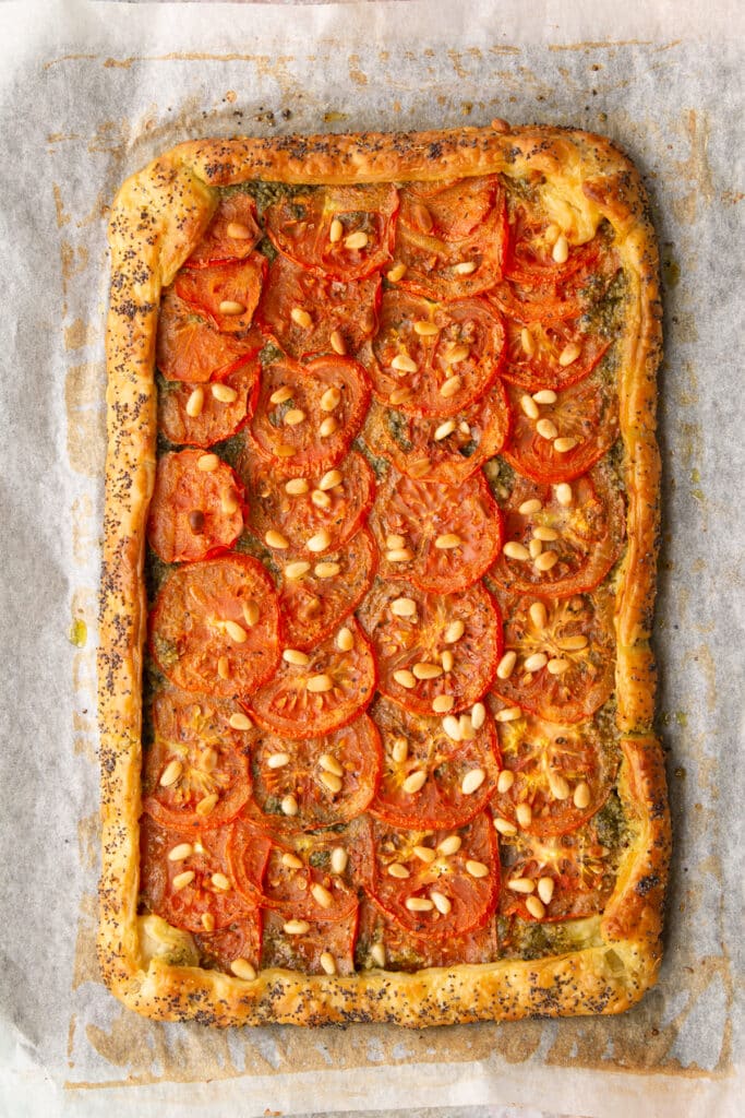 Baked vegan puff pastry tart.