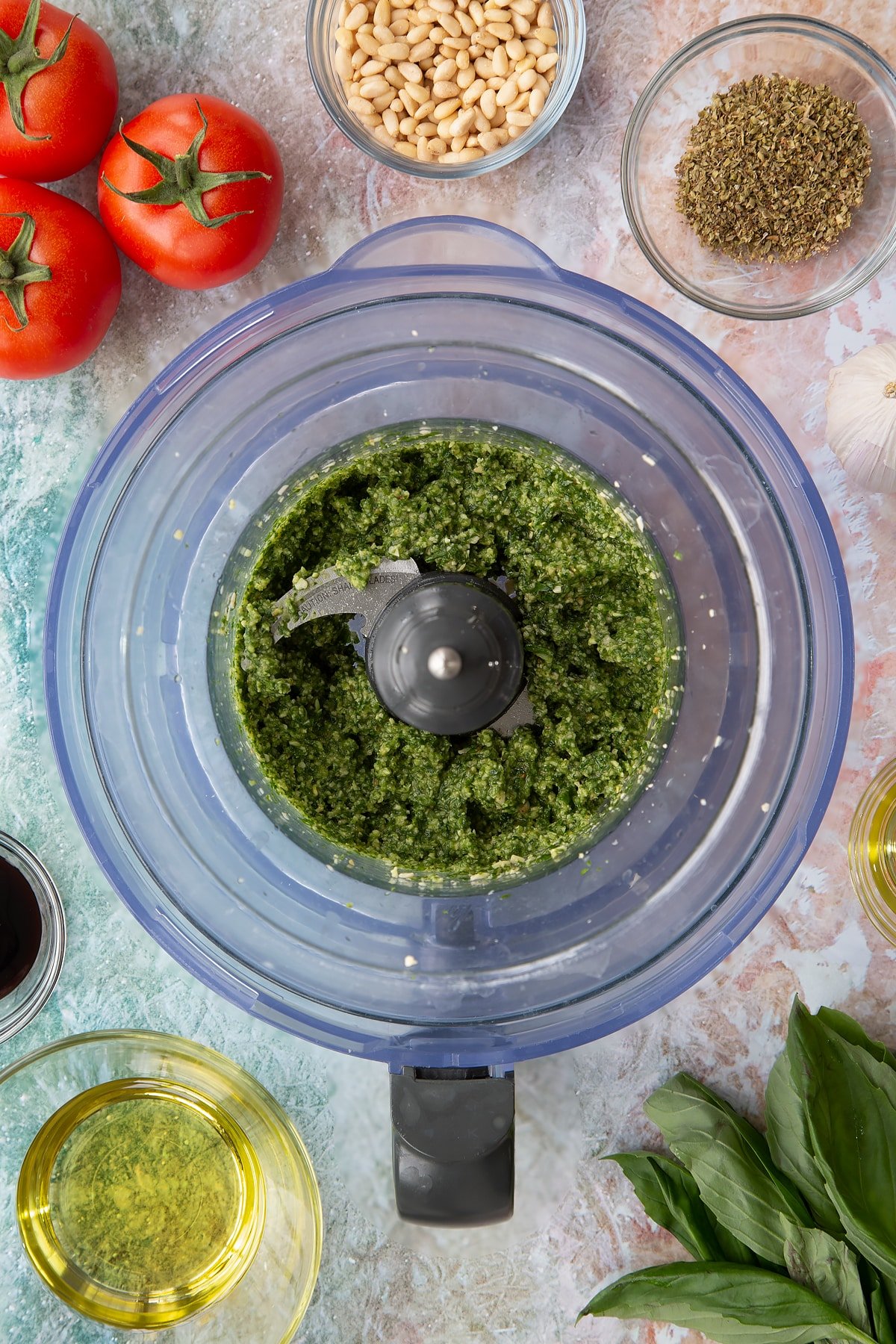 Overhead shot of the blender ingredients having been blended together.