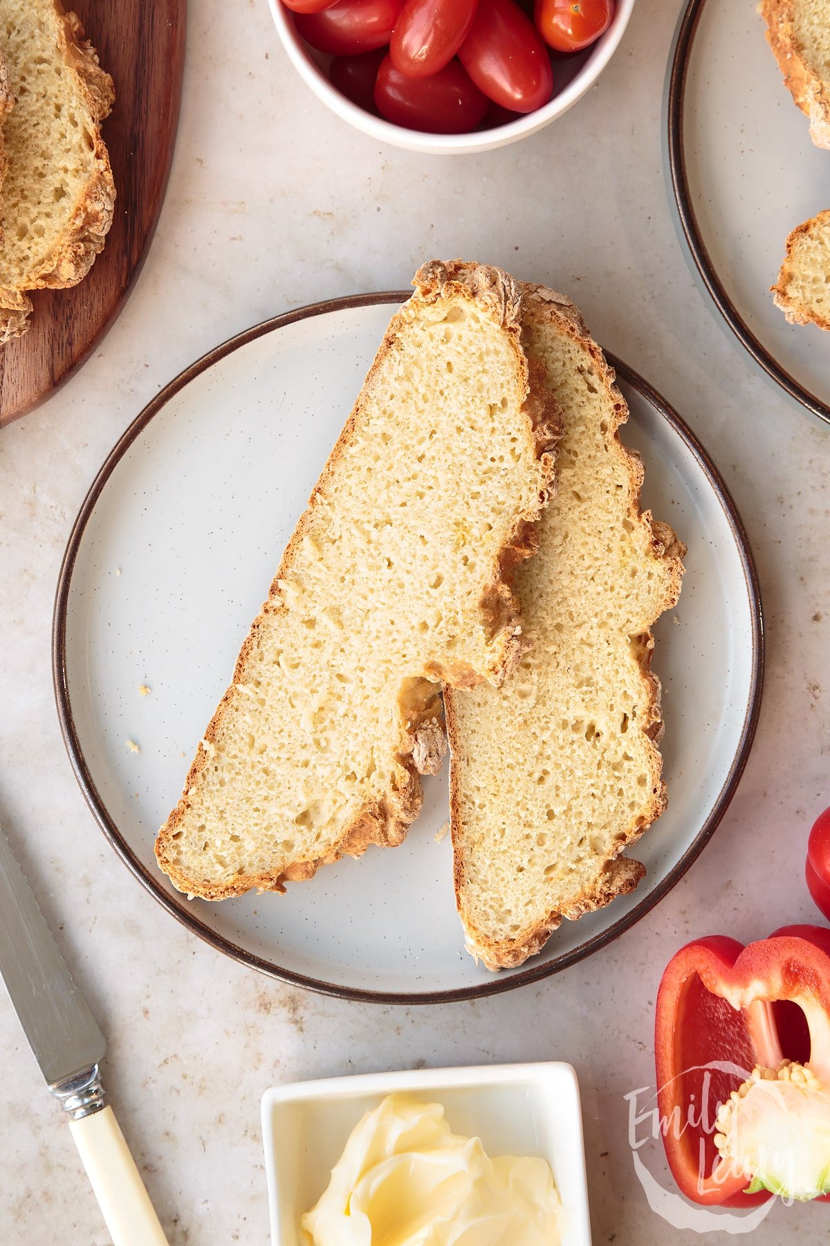 Overhead shot of two slices of white spelt soda bread.