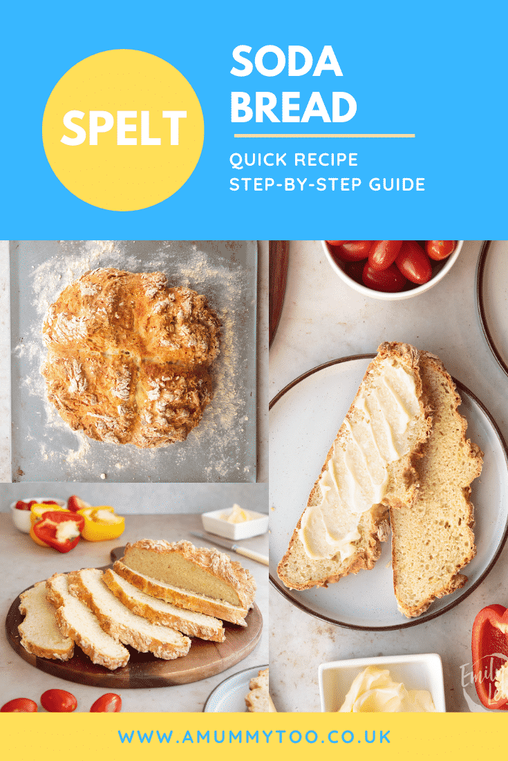 Pinterest image for the white spelt soda bread recipe with text at the top of the image.