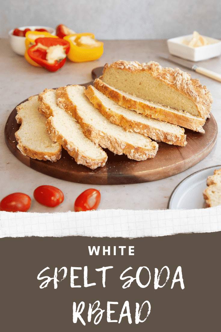 Pinterest image for the white spelt soda bread recipe with text at the bottom of the image.