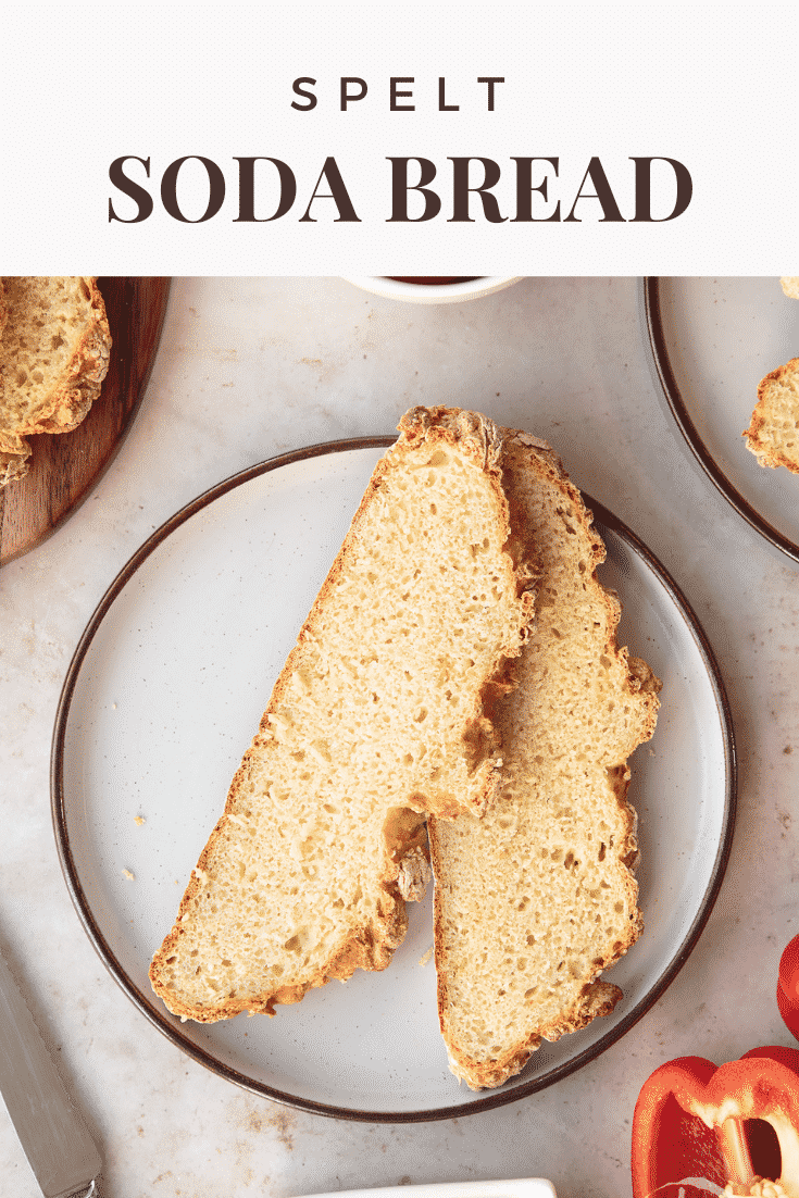 Pinterest image for the white spelt soda bread recipe with text at the top of the image.