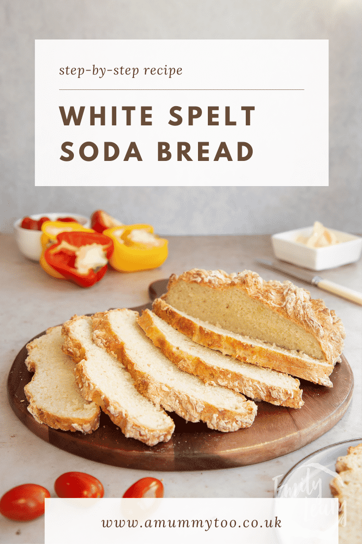 Pinterest image for the white spelt soda bread recipe with text at the top of the image.