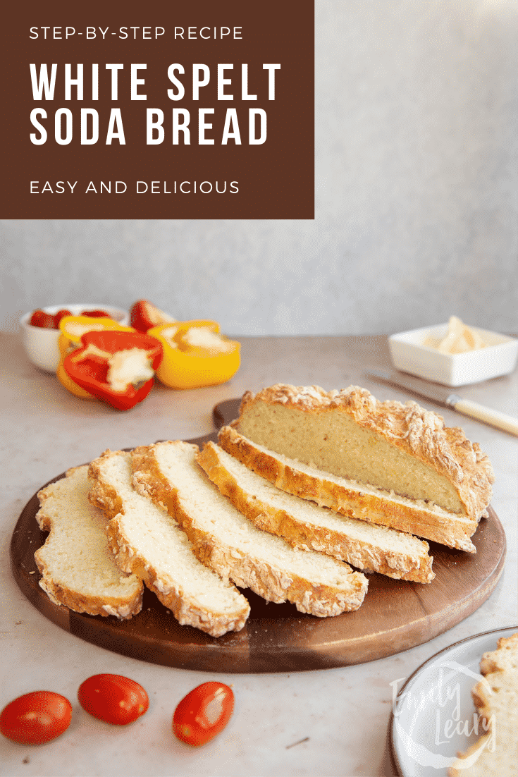 Pinterest image for the white spelt soda bread recipe with text at the top of the image.