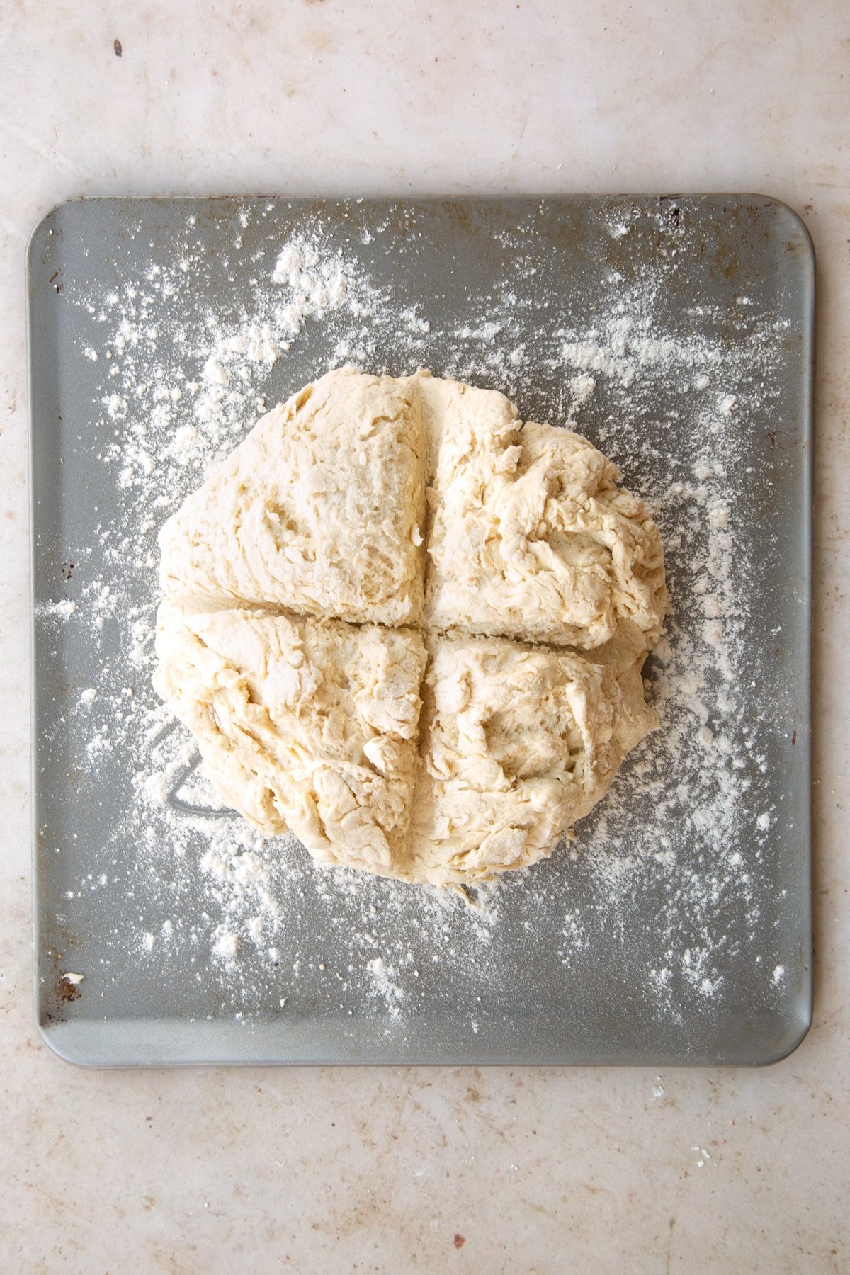 Overhead shot of the white spelt soda bread before being moved to the oven.