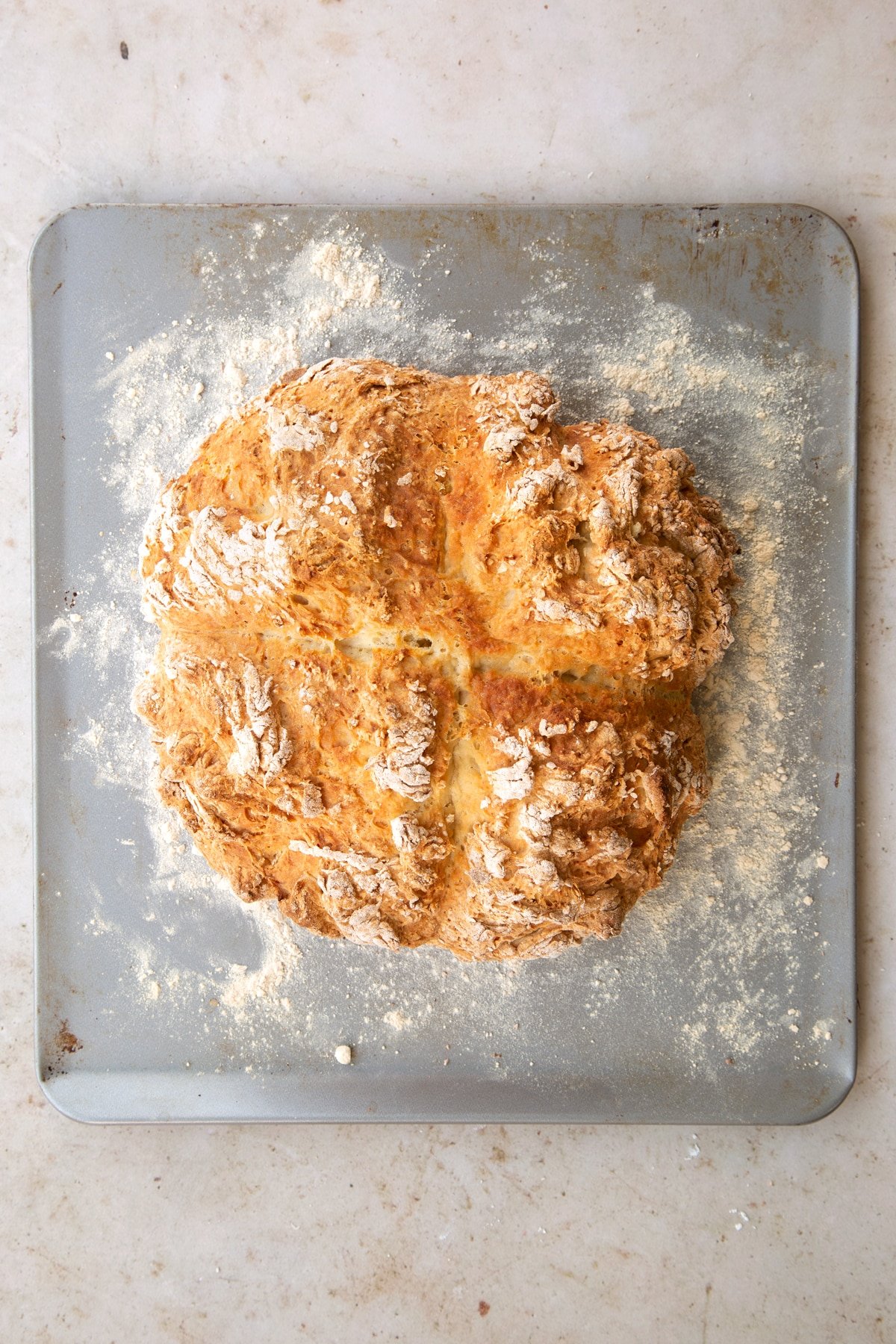 Overhead shot of the white spelt soda bread having been in the oven for 40 mins.