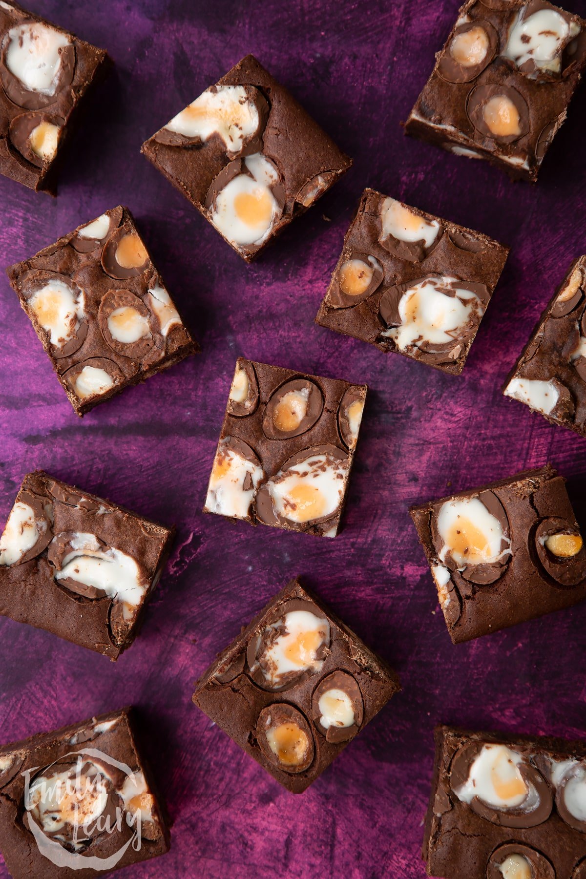 Overhead shot of the finished brownie slices.