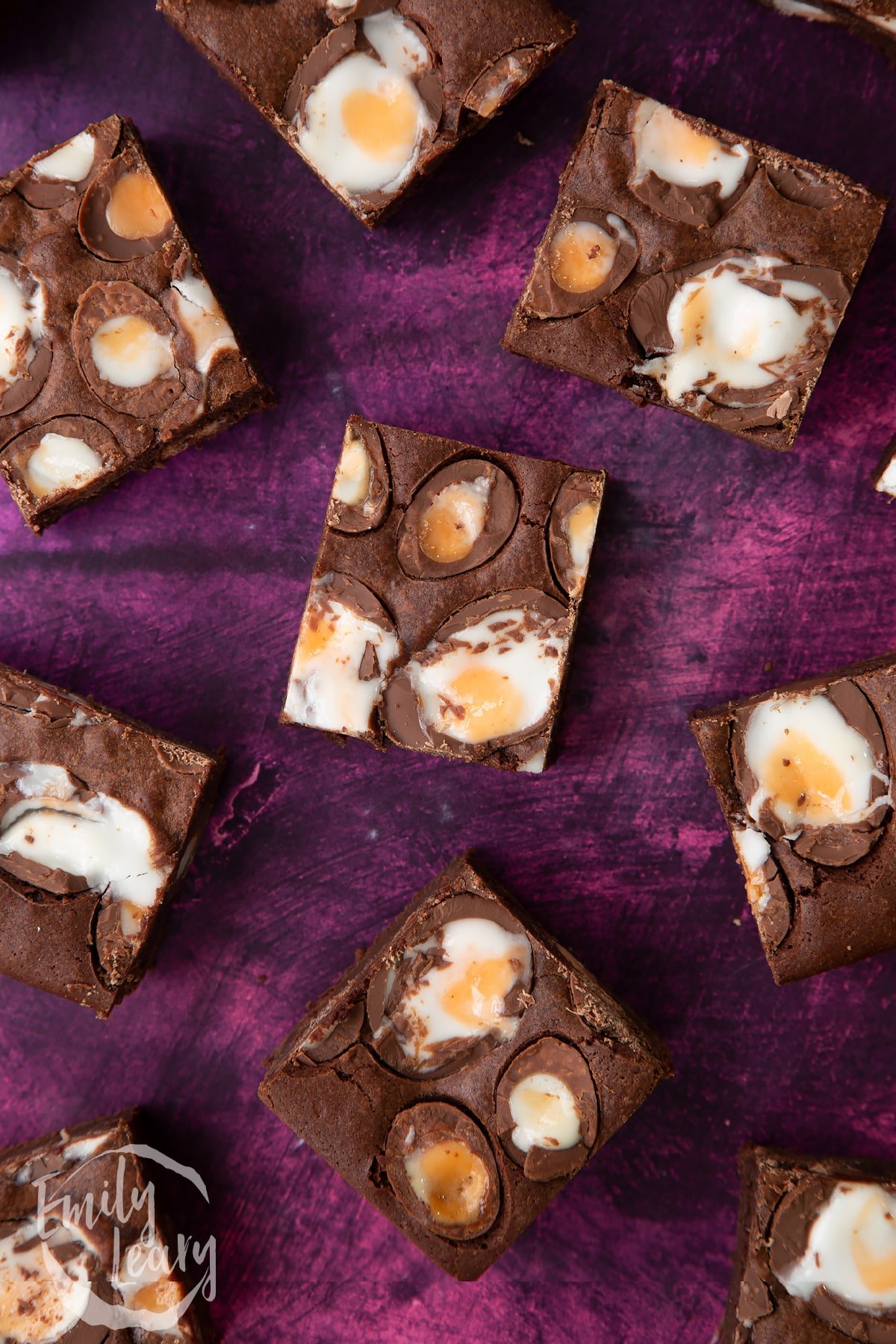 Overhead shot of finished Cadbury Creme Egg brownies