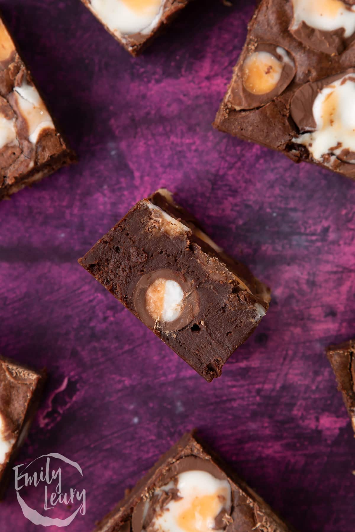 Overhead shot of the side of a finished Cadbury Creme Egg brownie.