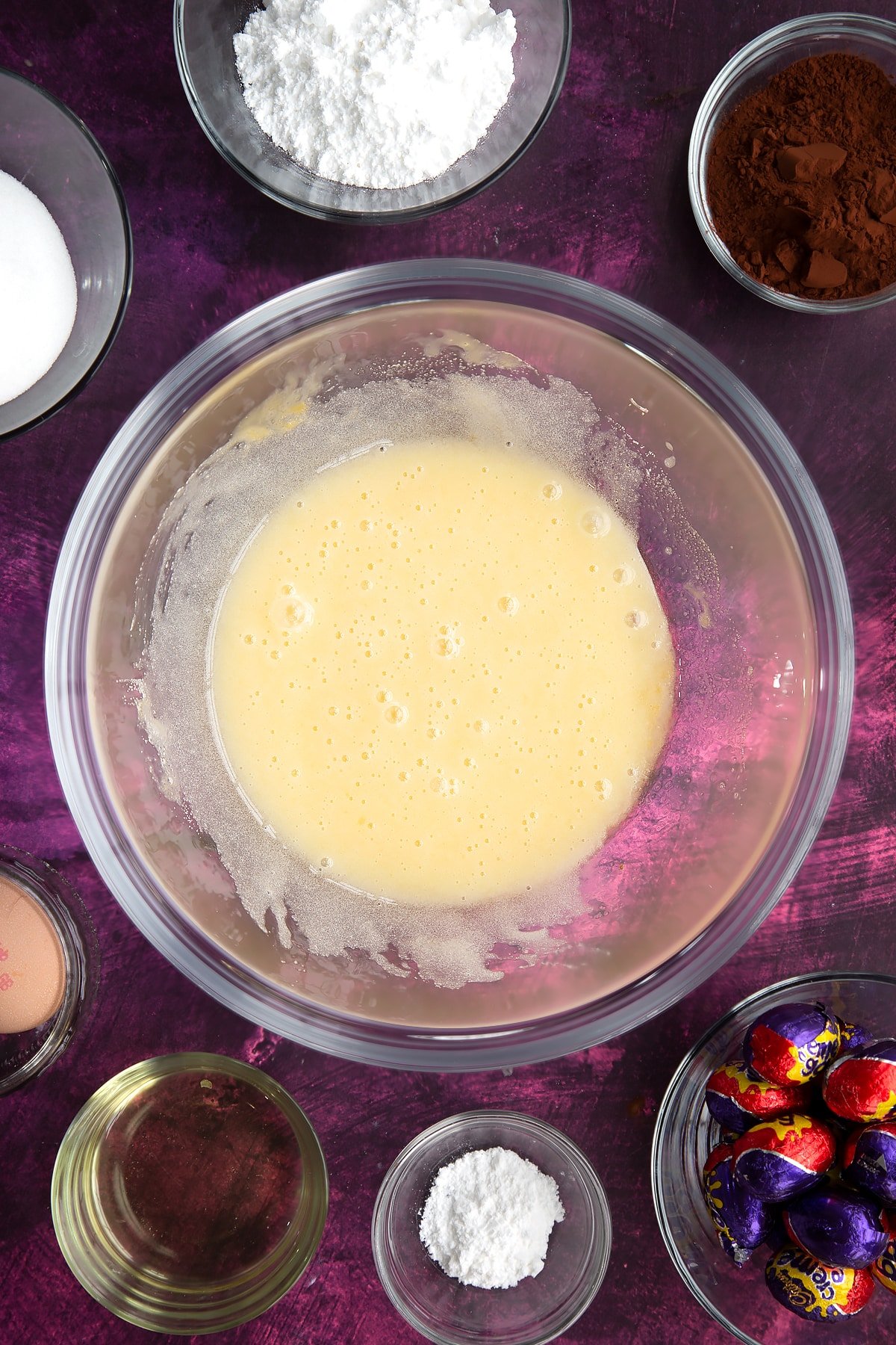 Overhead shot of the sugar and egg having been whisked together.