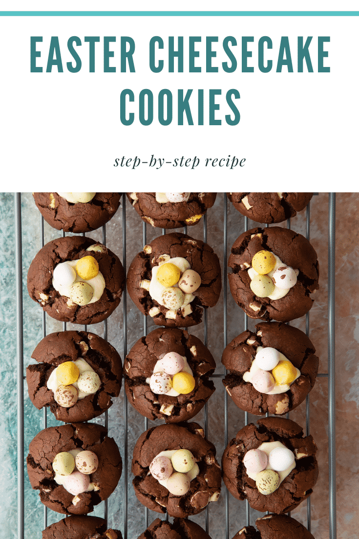 Pinterest image for the Easter cheesecake cookies.