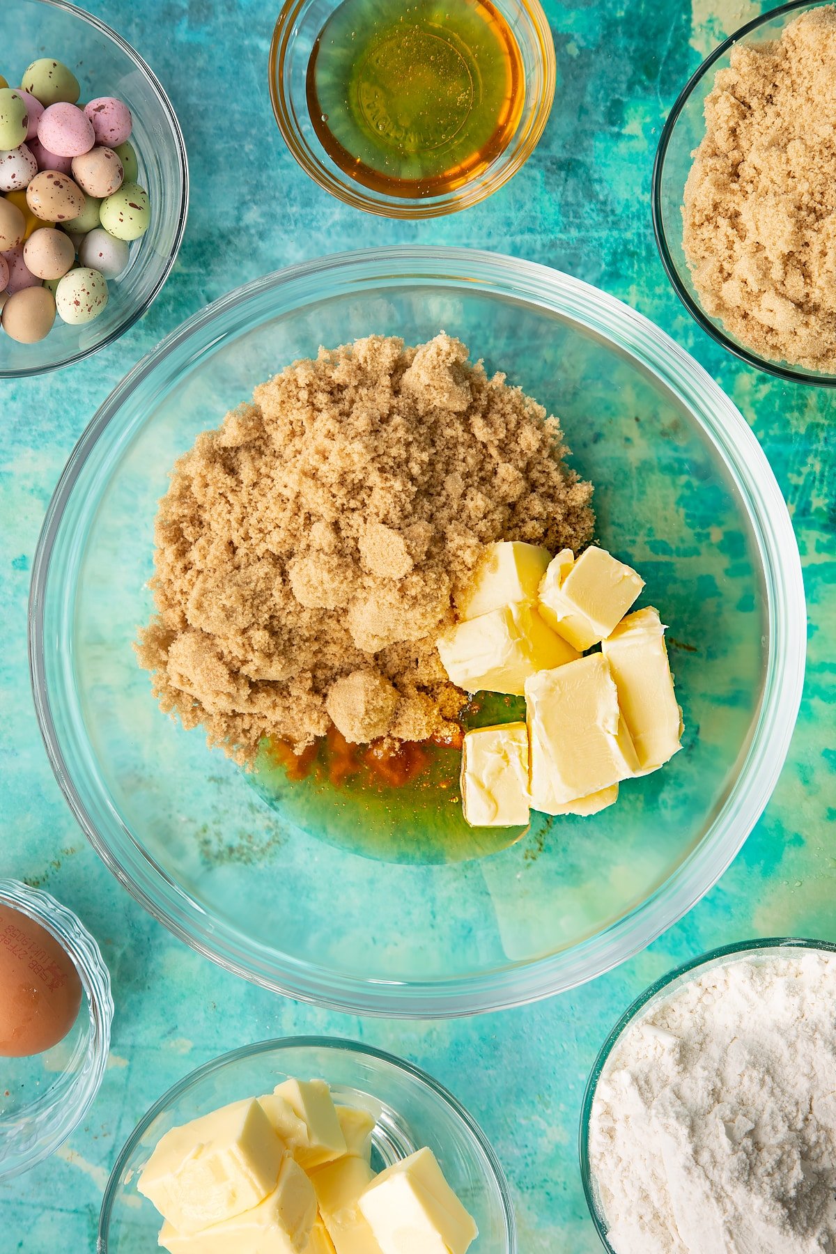 Overheads shot of some of the wet ingredients required to make the Easter cookie bars.