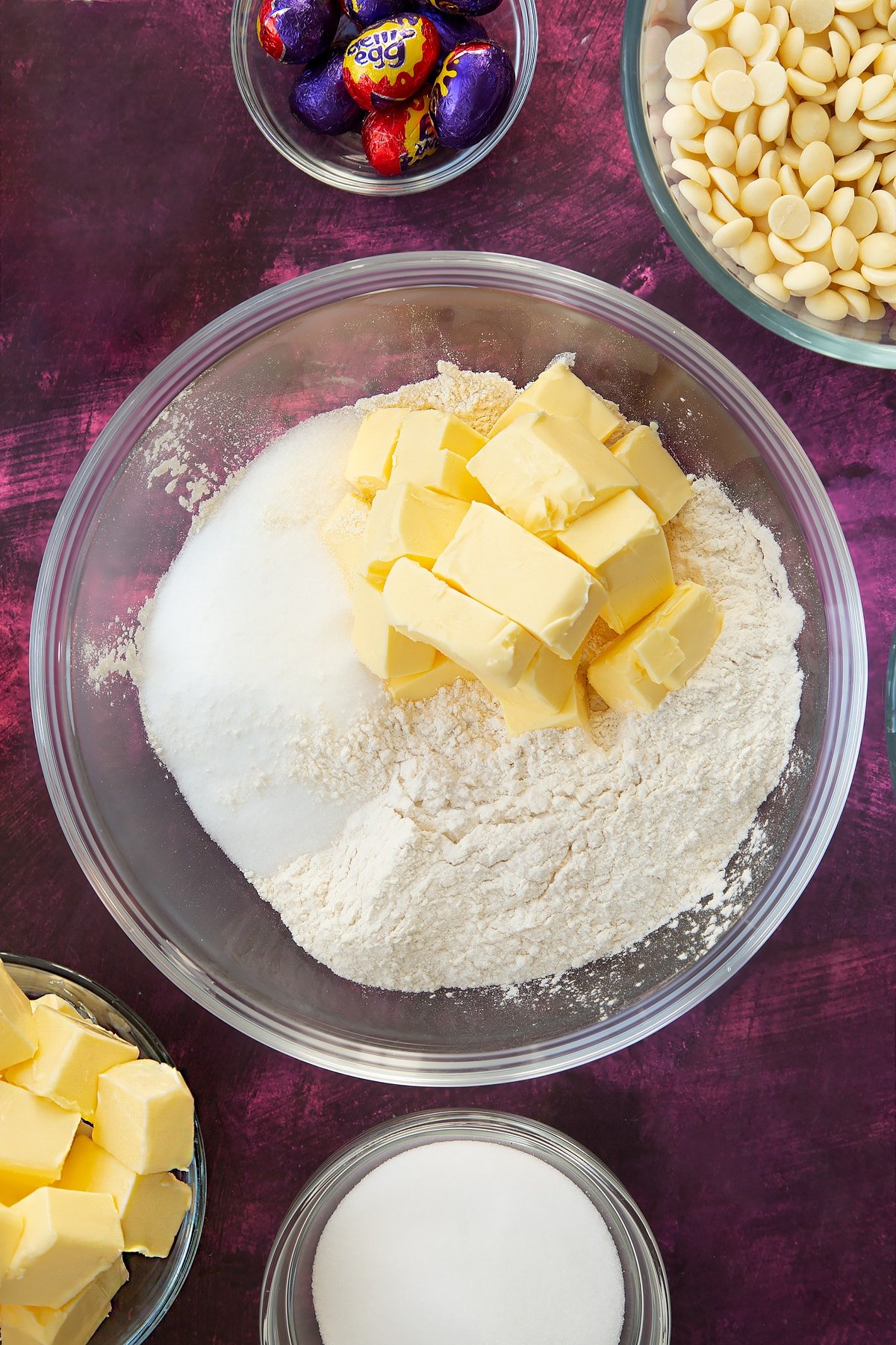 Butter, flour and sugar in a mixing bowl.