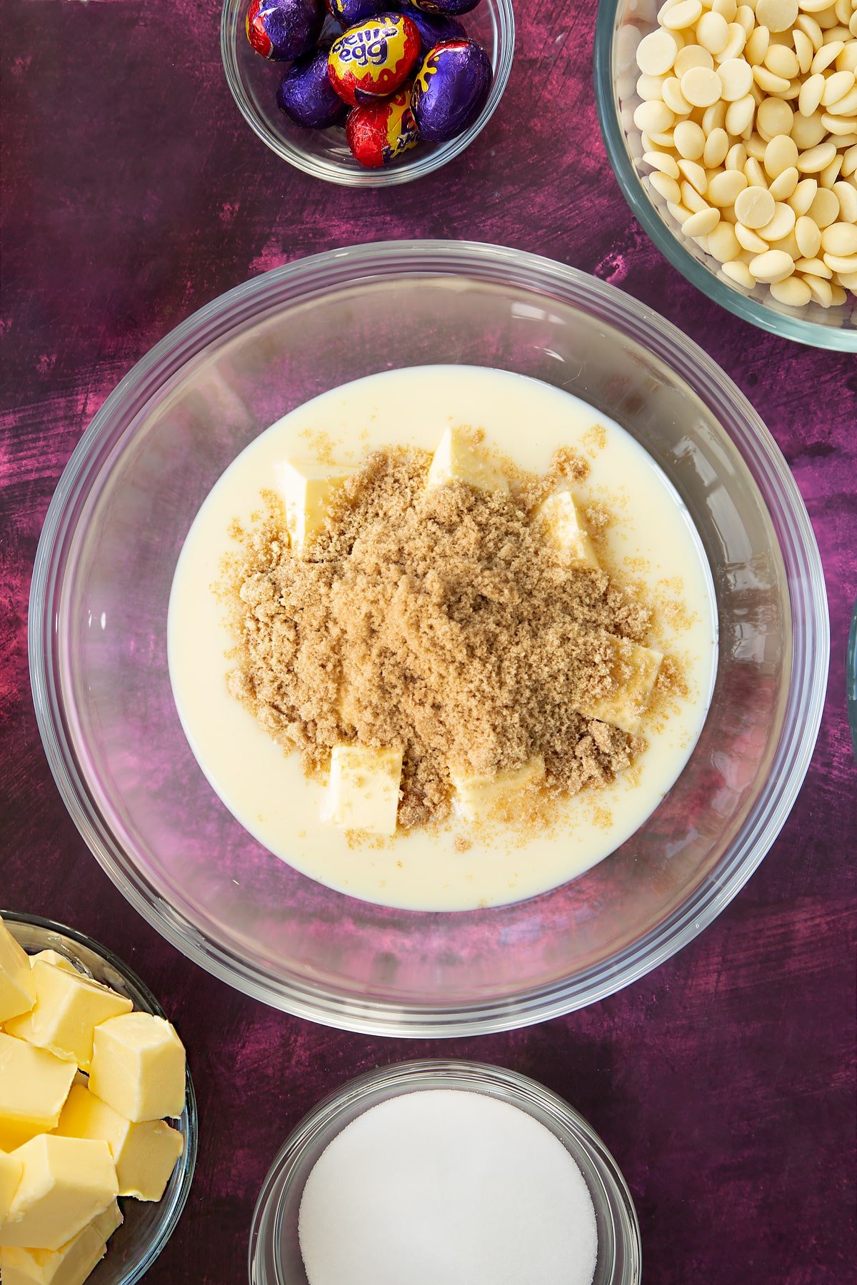 Butter, light soft brown sugar and condensed milk in a large, heat proof bowl