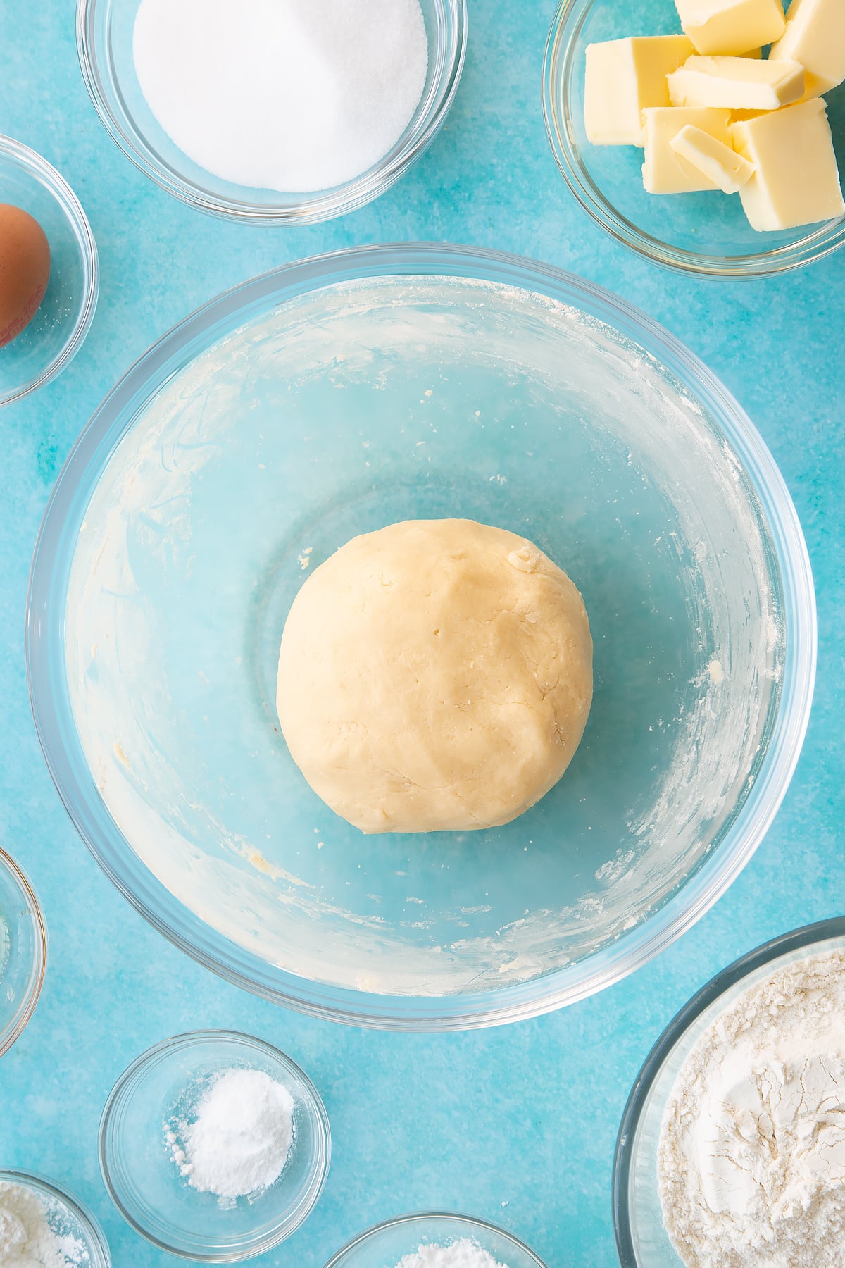 Finished biscuit dough in the mixing bowl.