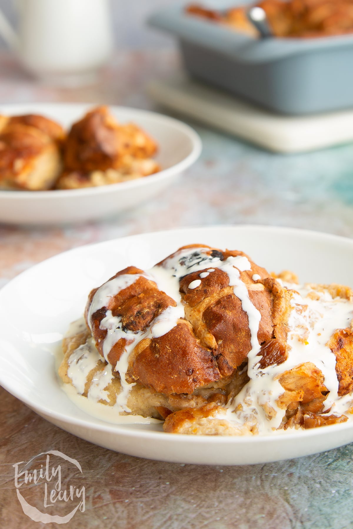 A finished bowl of hot cross bun bread and butter pudding.