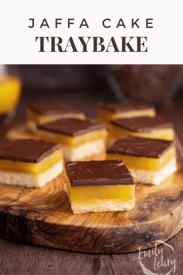 Pinterest image for the jaffa cake traybake.