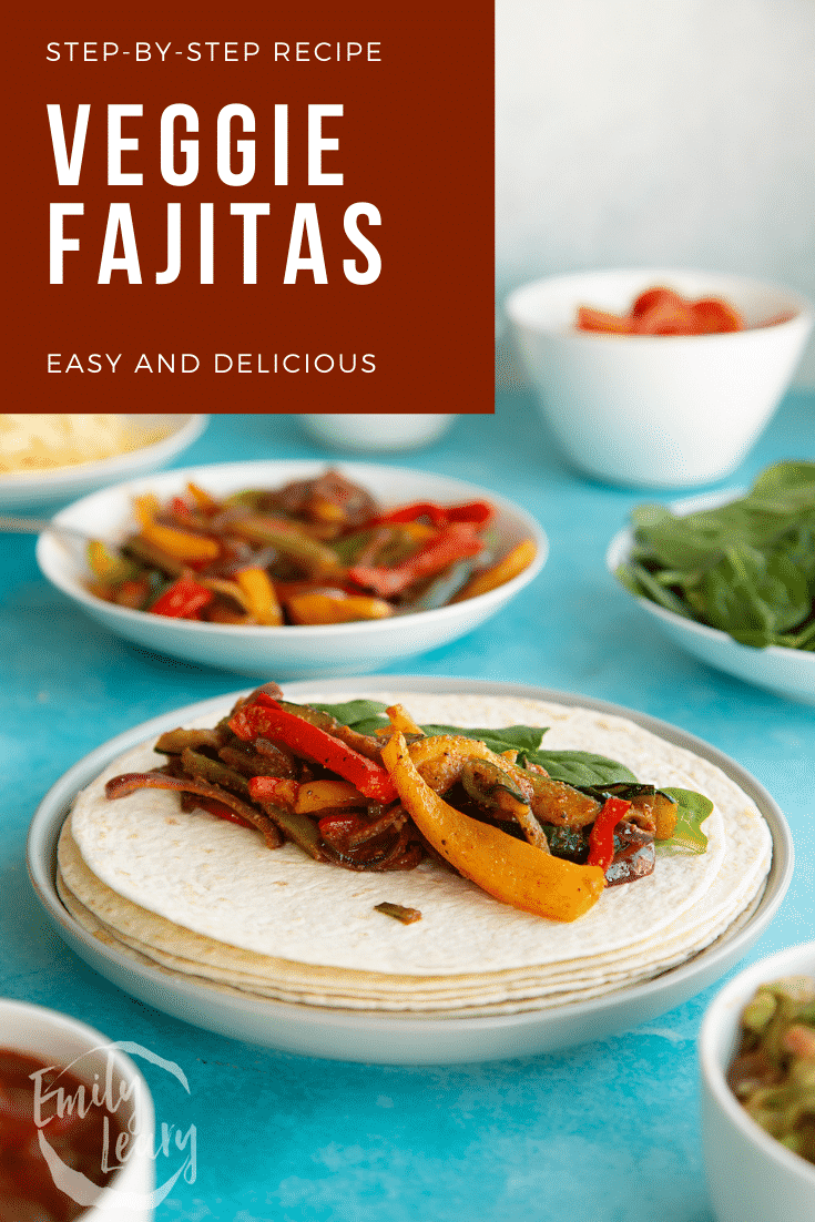 Pinterest image for the veggie fajita recipe.