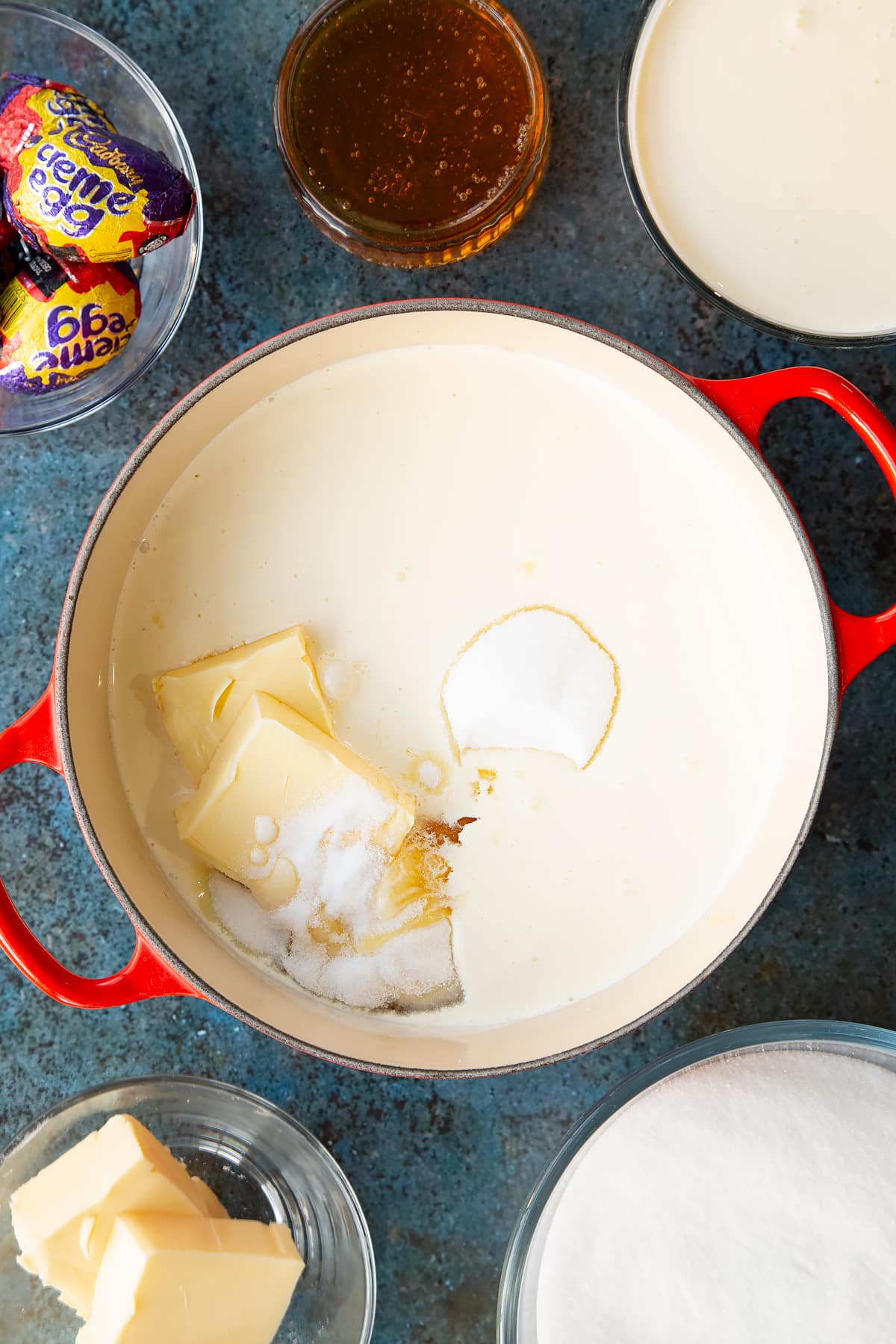 Butter, sugar, golden syrup and double cream in a large nonstick pan