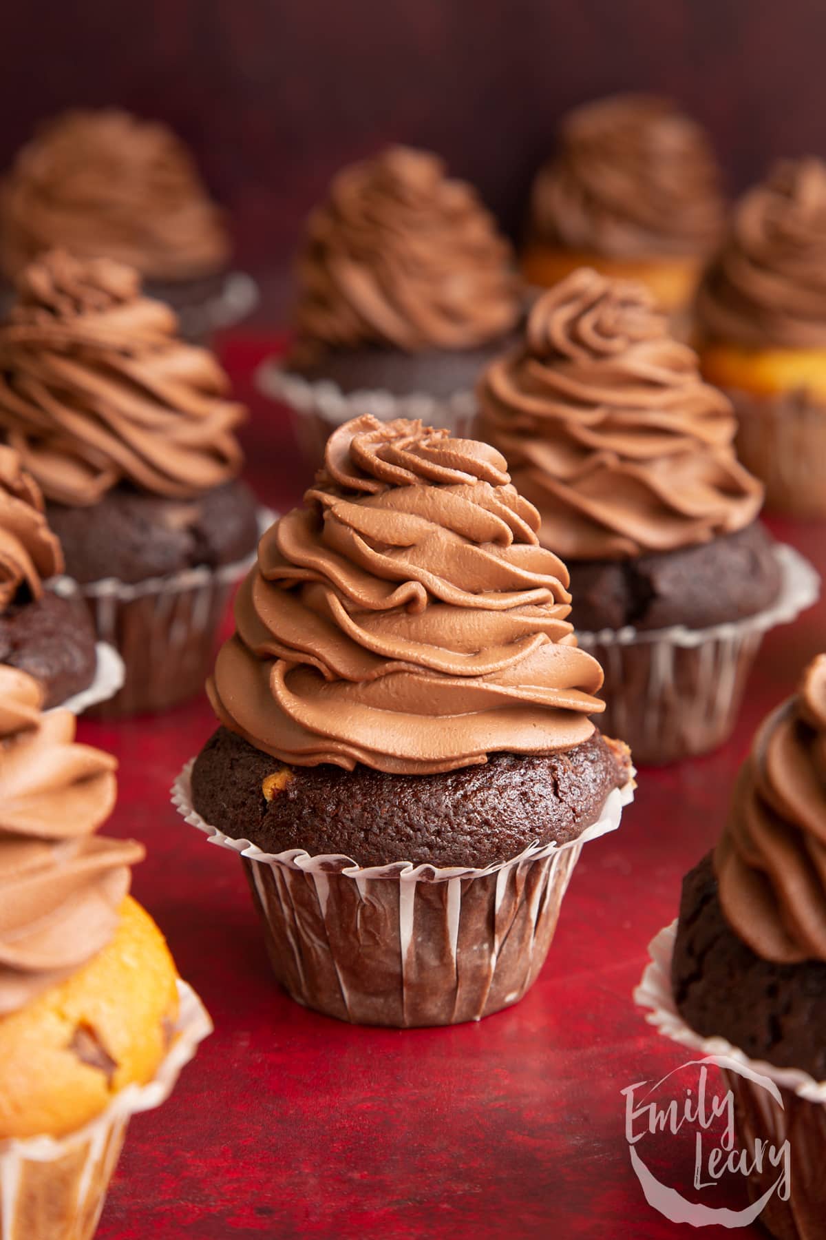 Chocolate muffins with chocolate buttercream icing.