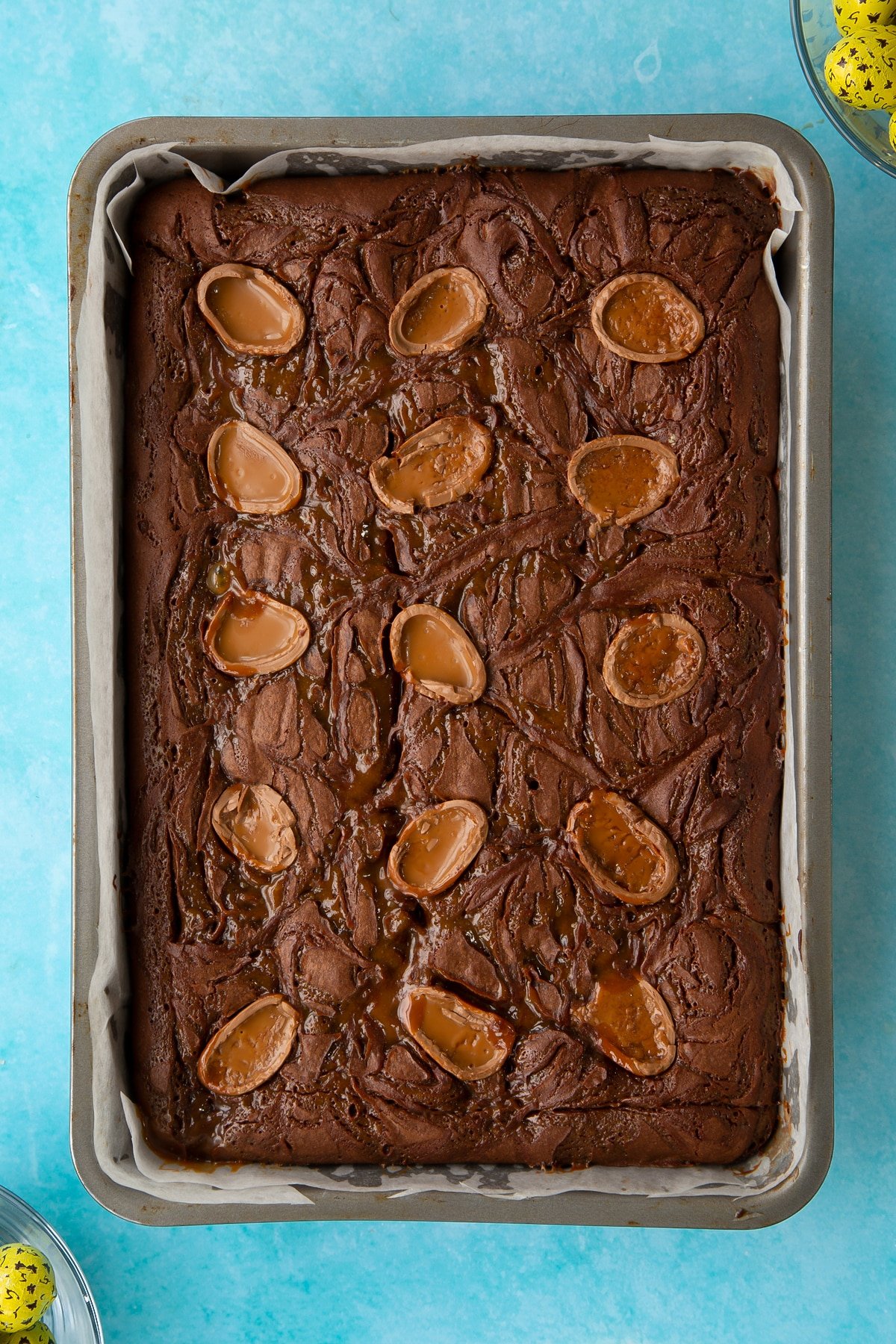 Overhead shot of the easter brownies having been in the oven.