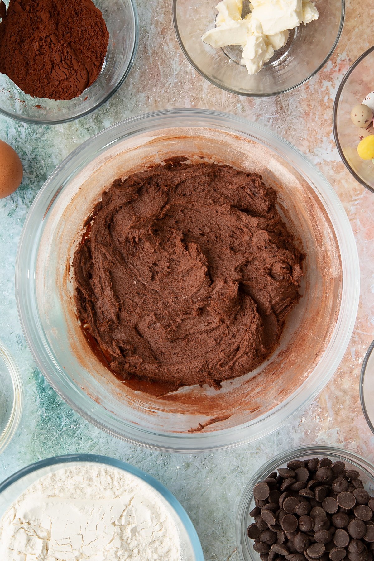 Overhead shot after the ingredients for the Easter cheesecake cookies have been whisked together.