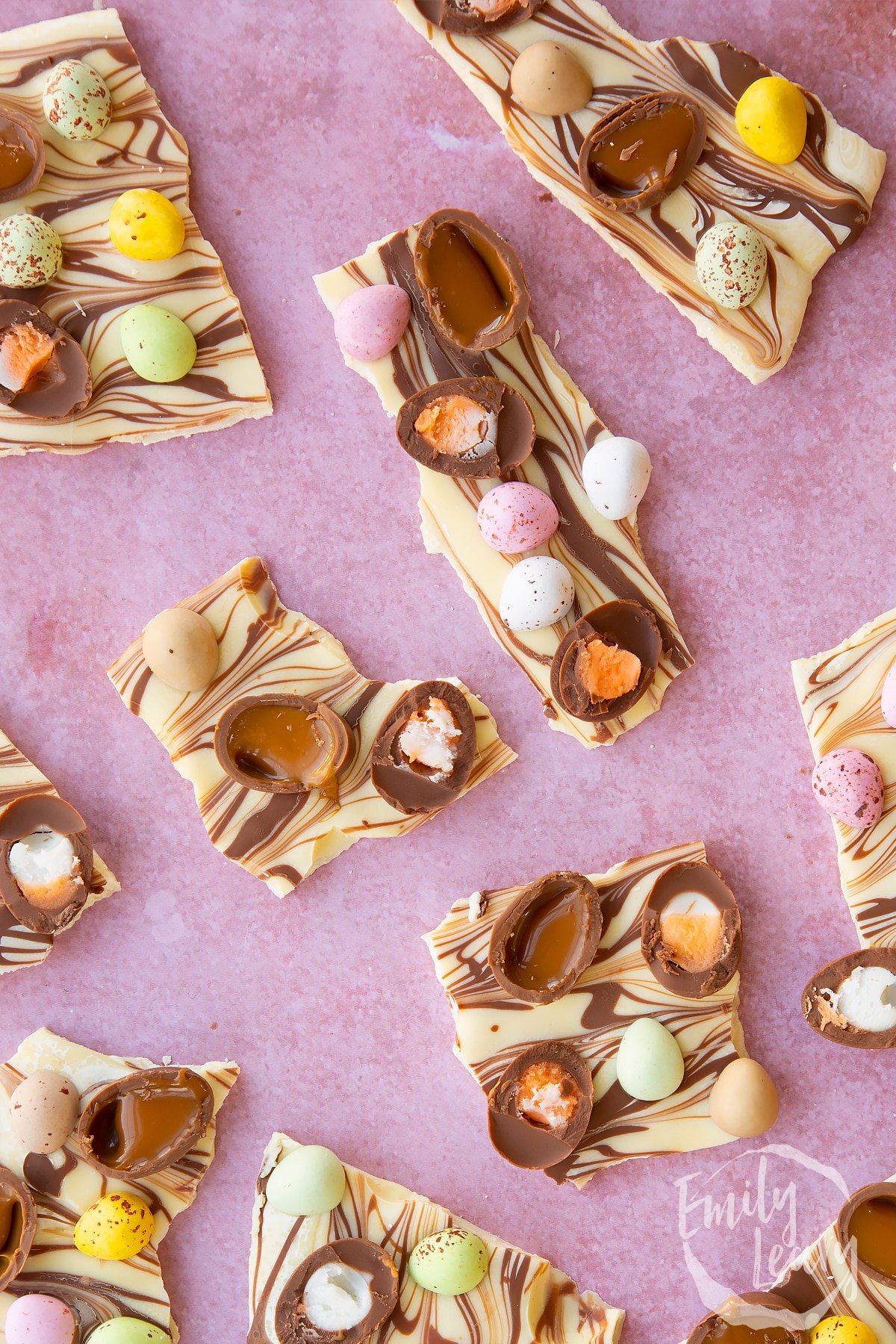 Close up pieces of Easter chocolate bark.