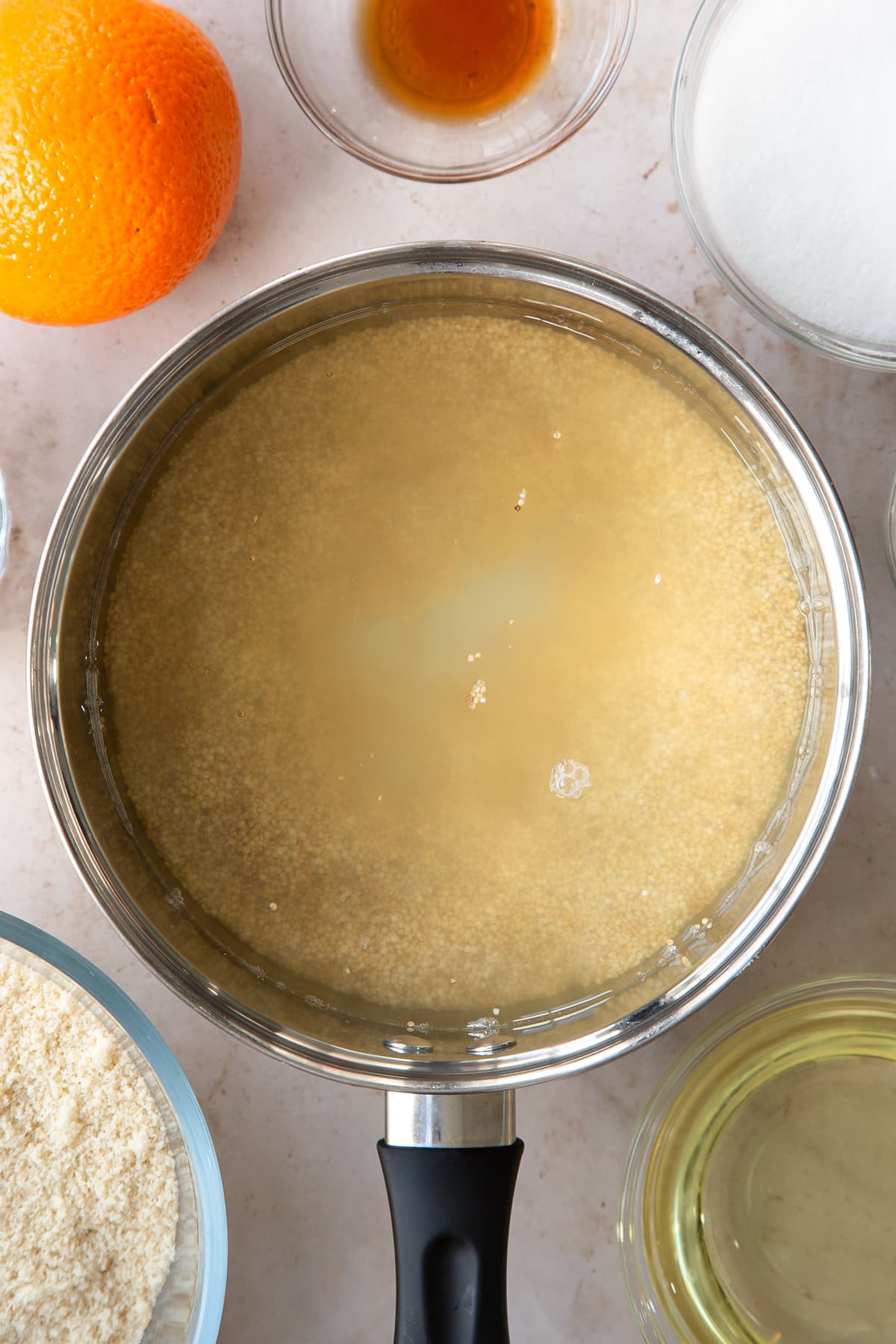 Overhead shot of the quinoa in a pan.