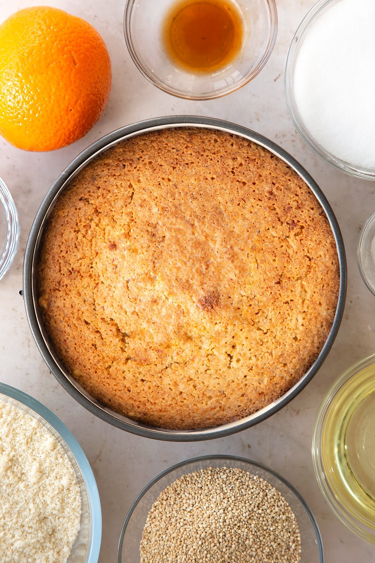 Overhead shot of the cake having been in the oven. 