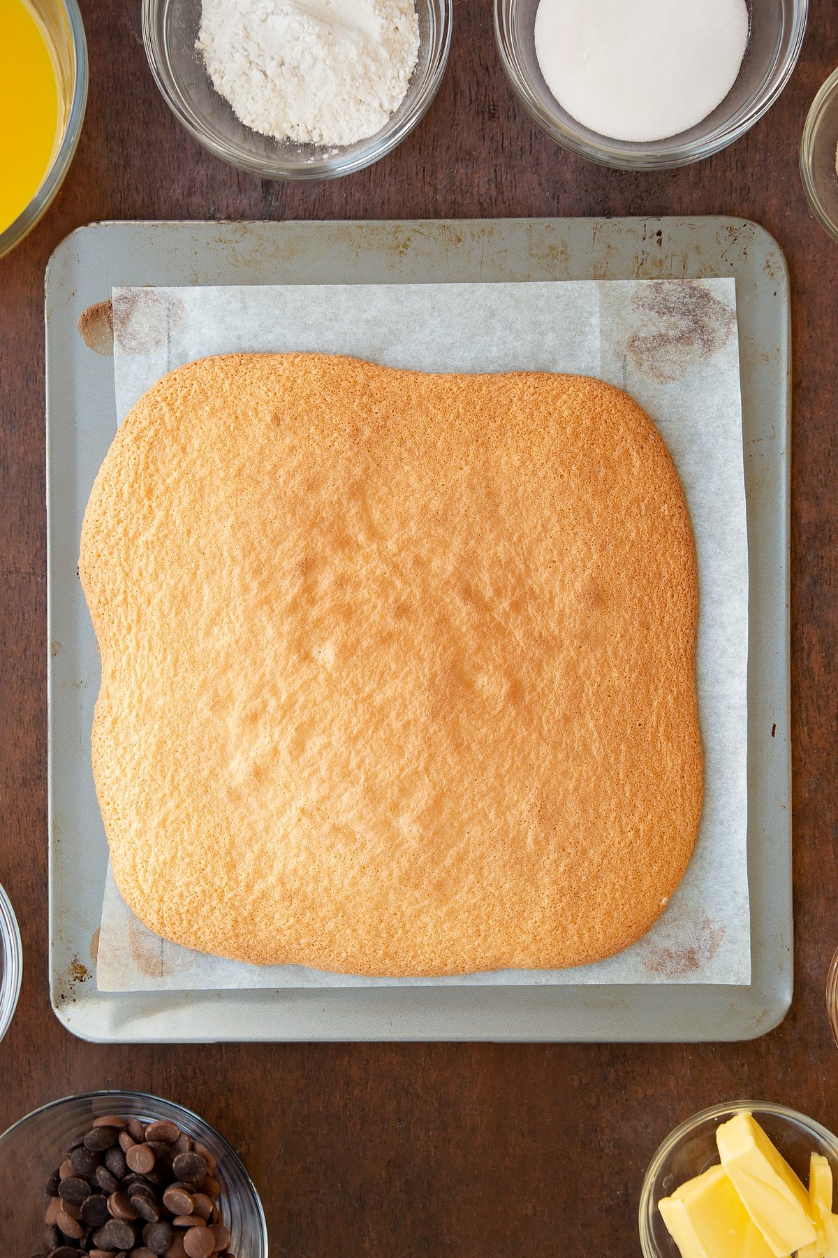 Overhead shot of the sponge mixture having been baked in the oven for 8 minutes.