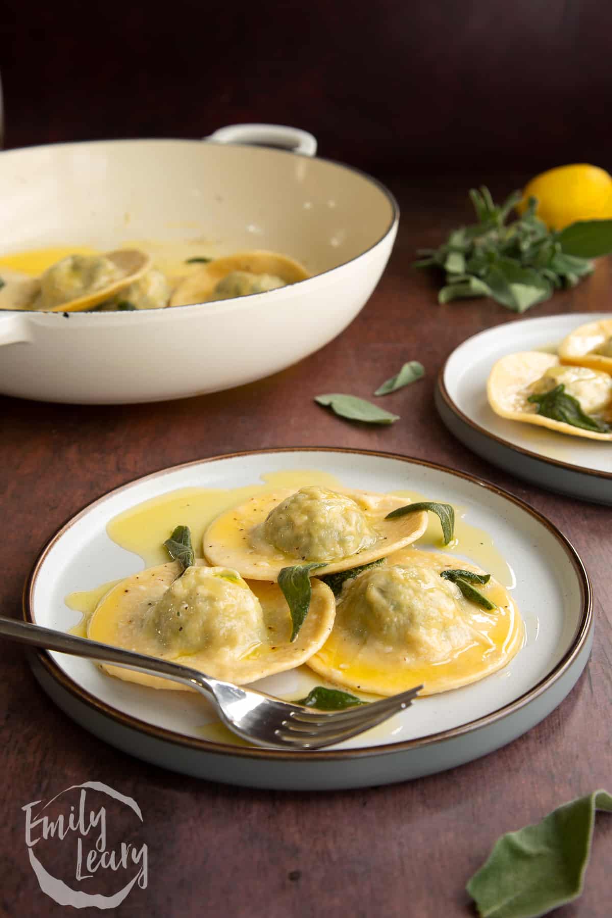 Side on shot of the finished ravioli served on a decorative plate.