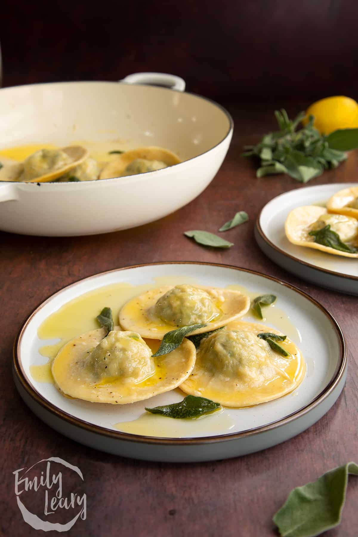 Finished plate of spinach and ricotta ravioli.