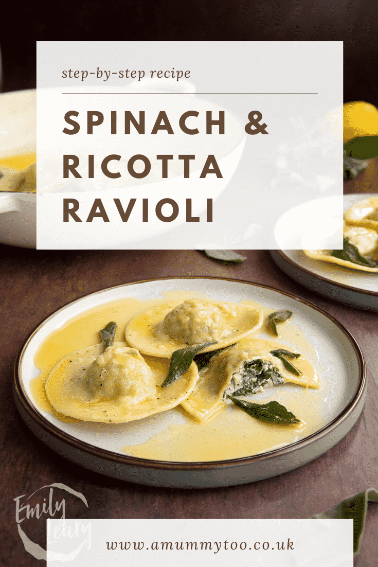 Pinterest image for the spinach and ricotta ravioli.