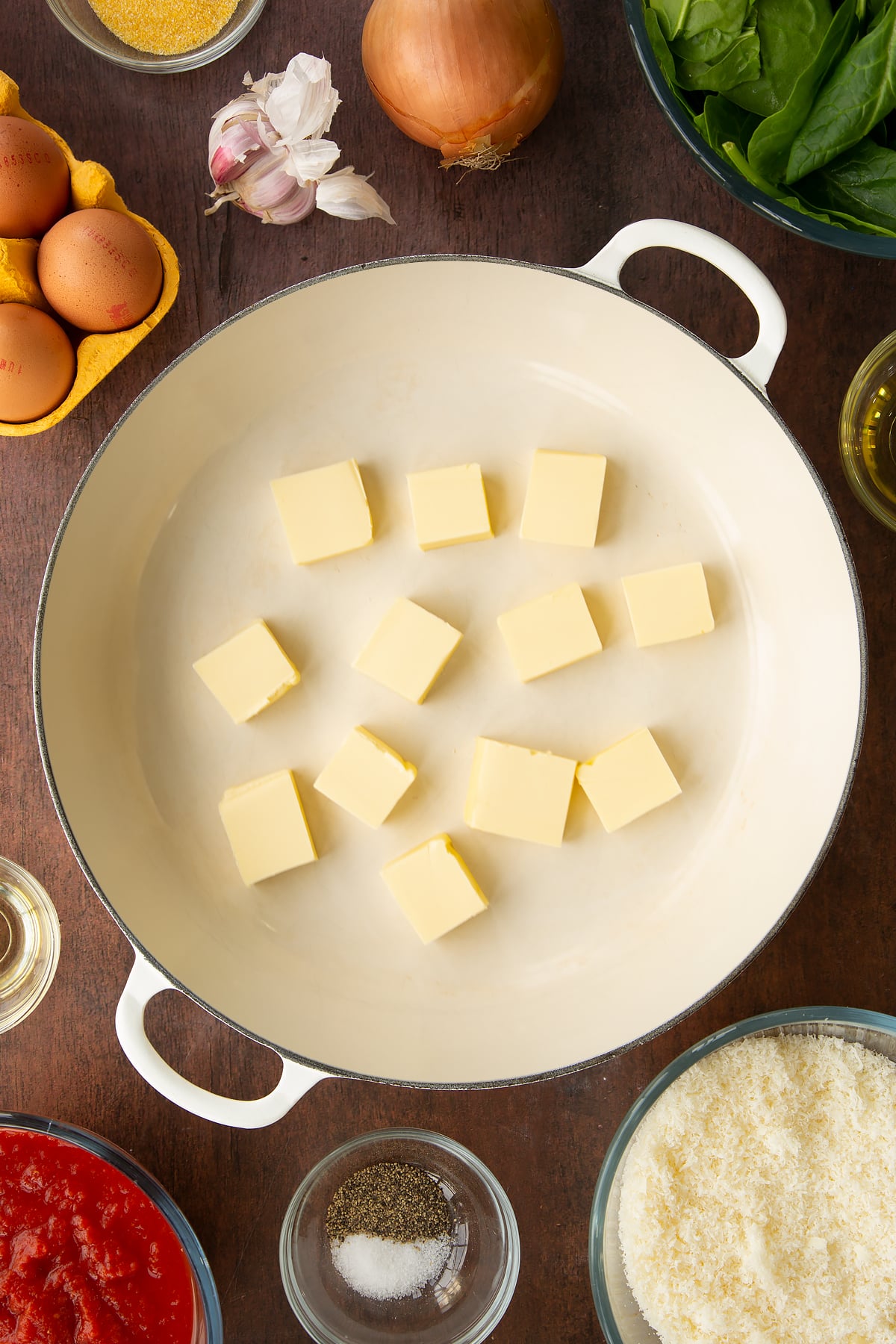 Overhead shot of a pan with butter.