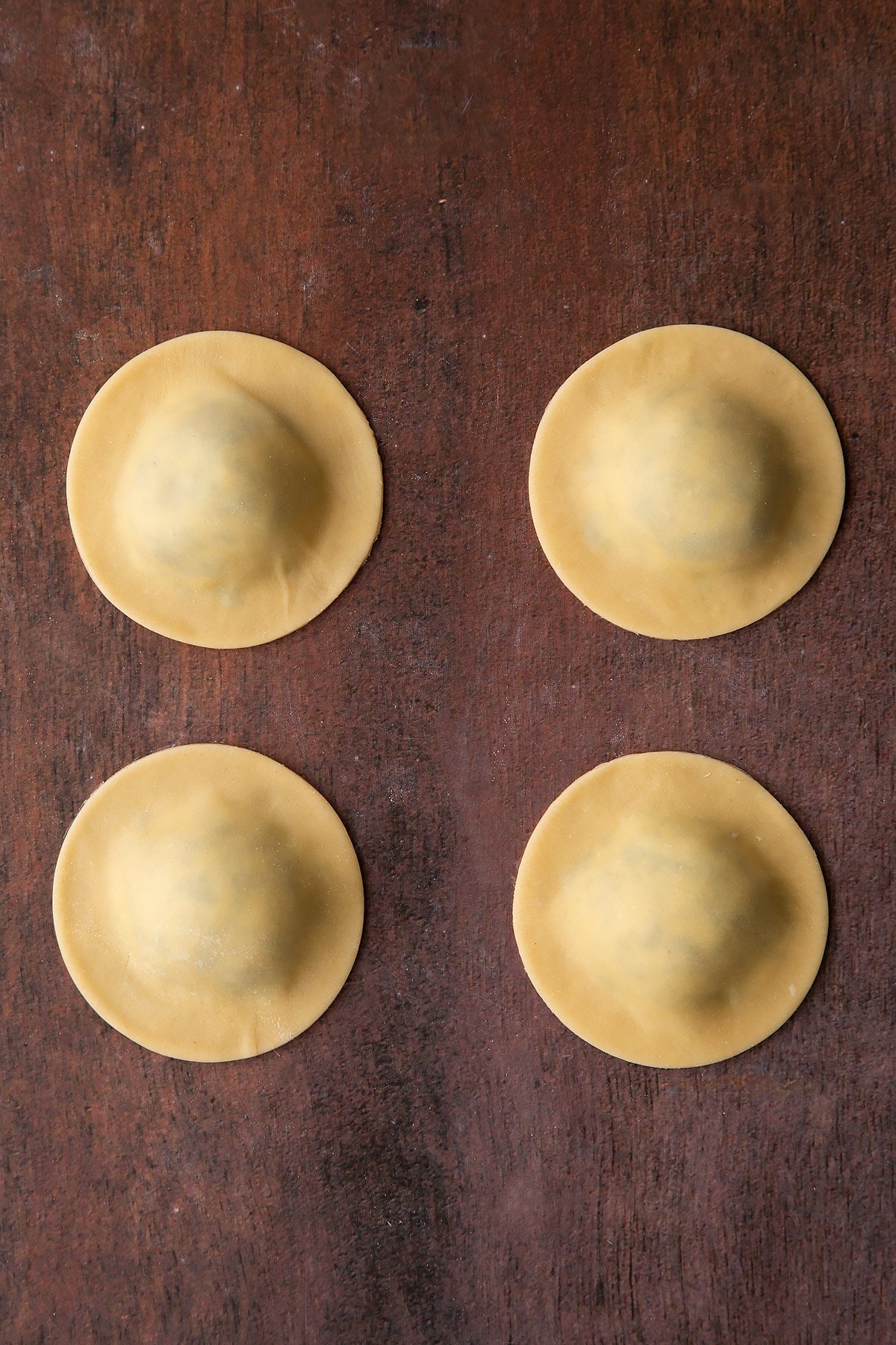 Overhead shot of the four finished ravioli pieces.