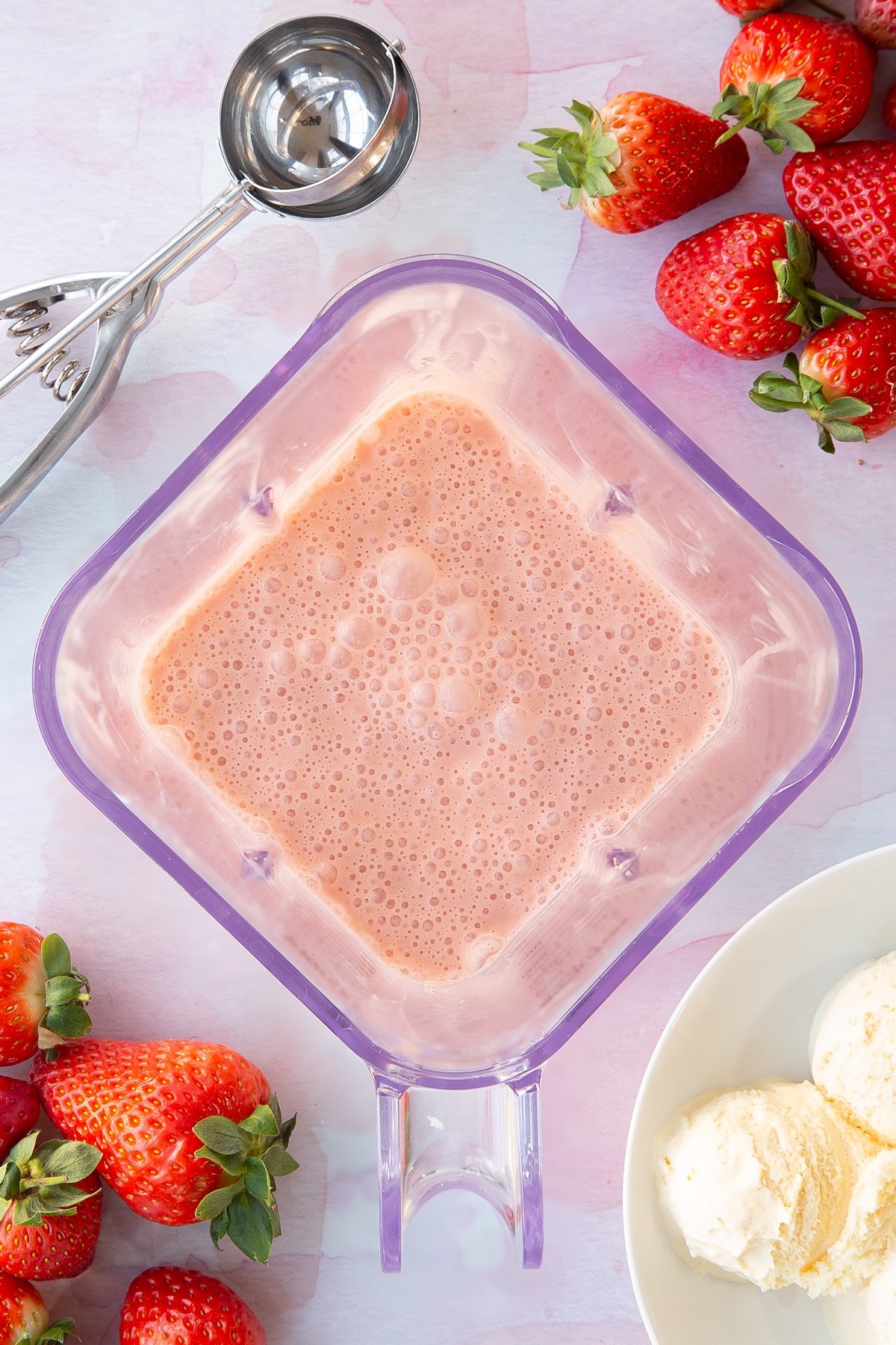 Overhead shot after the ice cream and strawberries have been blended together.