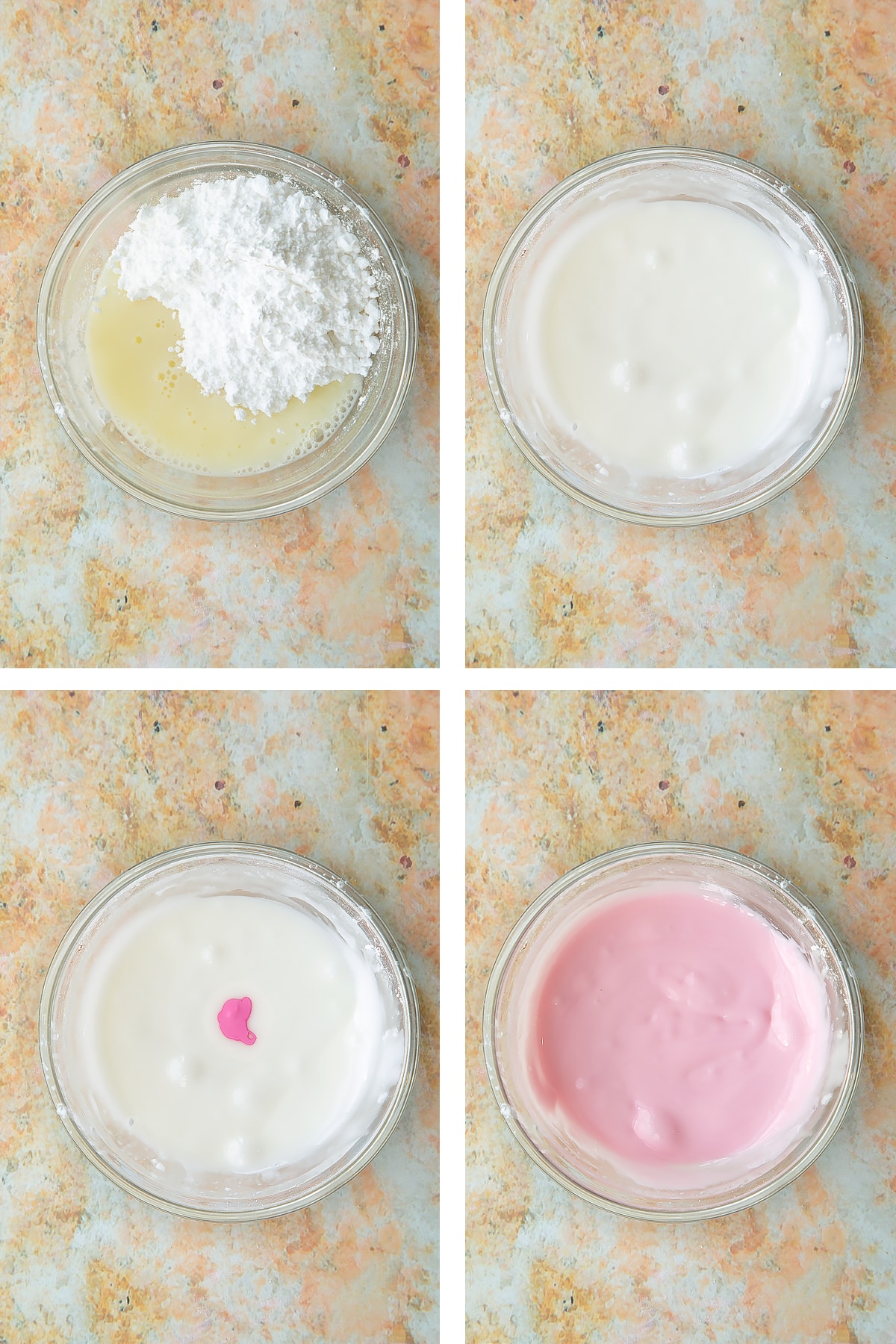 Gallary image showing the process of creating the pink icing sugar.