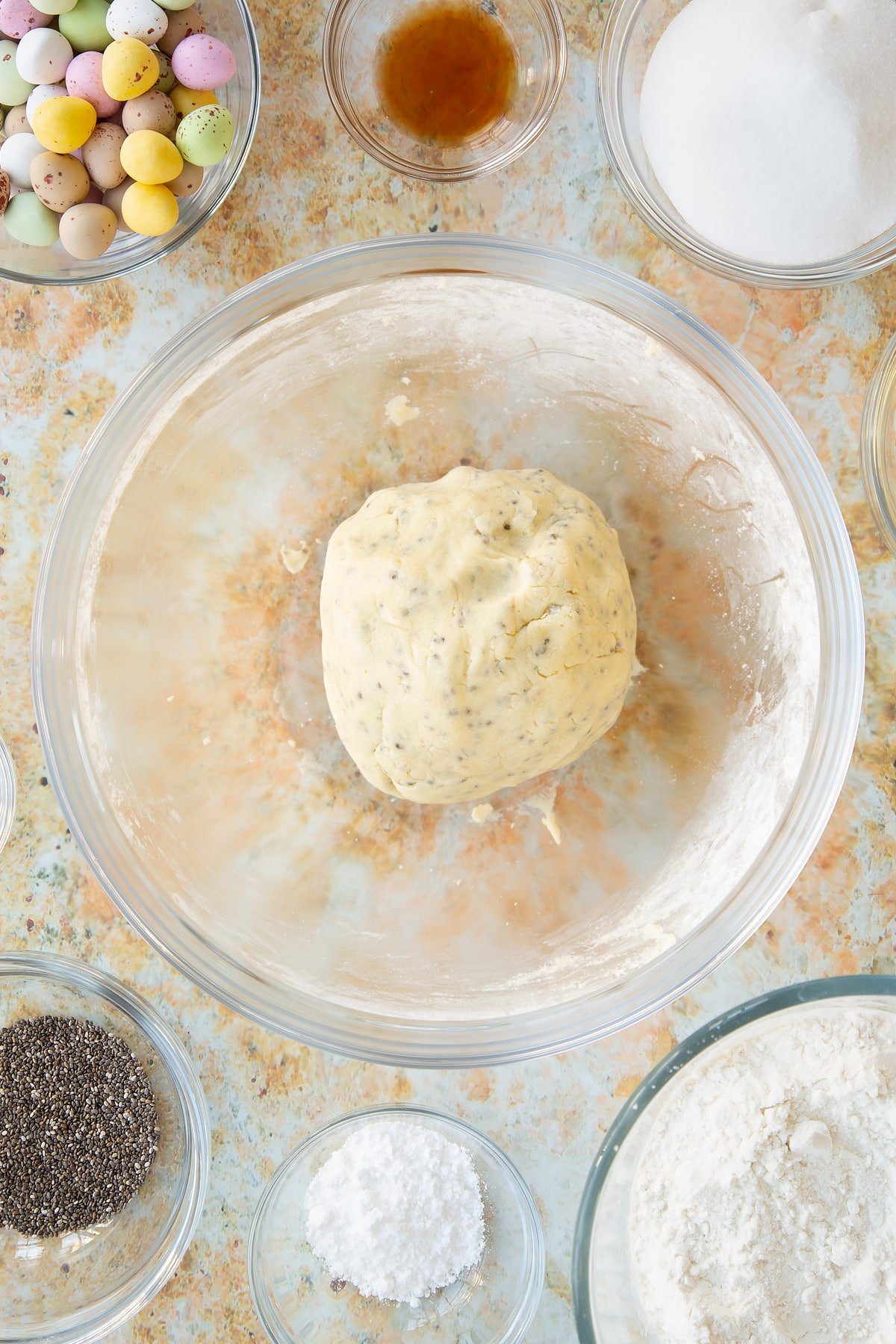 Overhead shot of the mixture after it's been kneaded together into a ball.